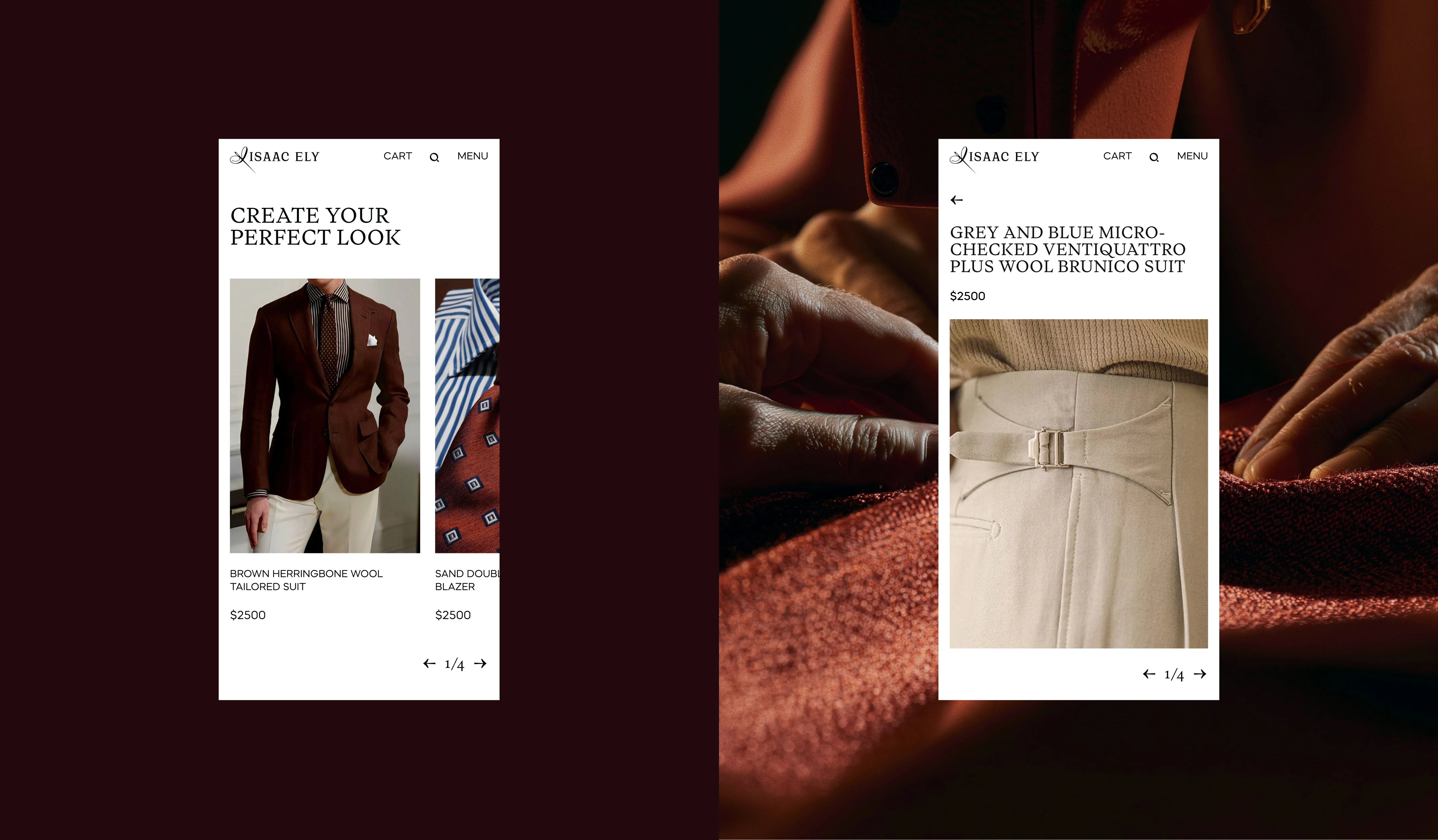 mobile website screens for tailored menswear collection and product details
