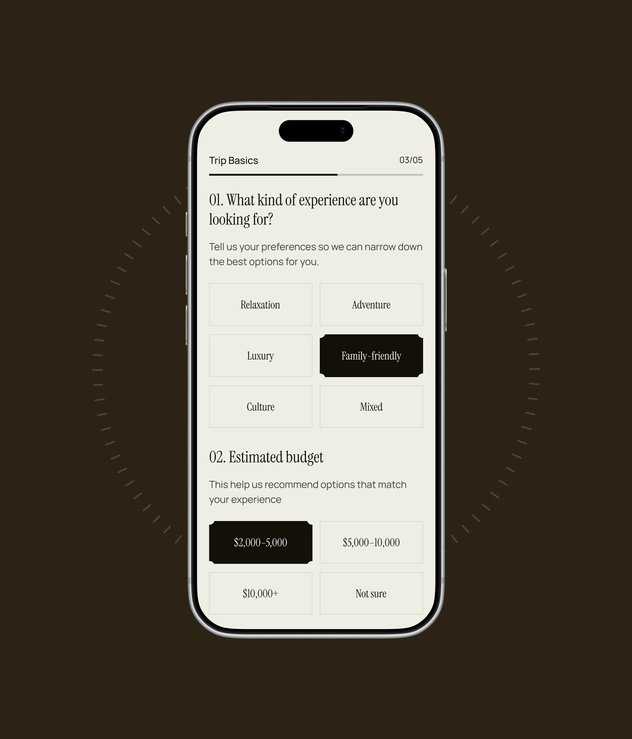 Travel preference and budget selection interface on mobile for Simple Luxuries Travel