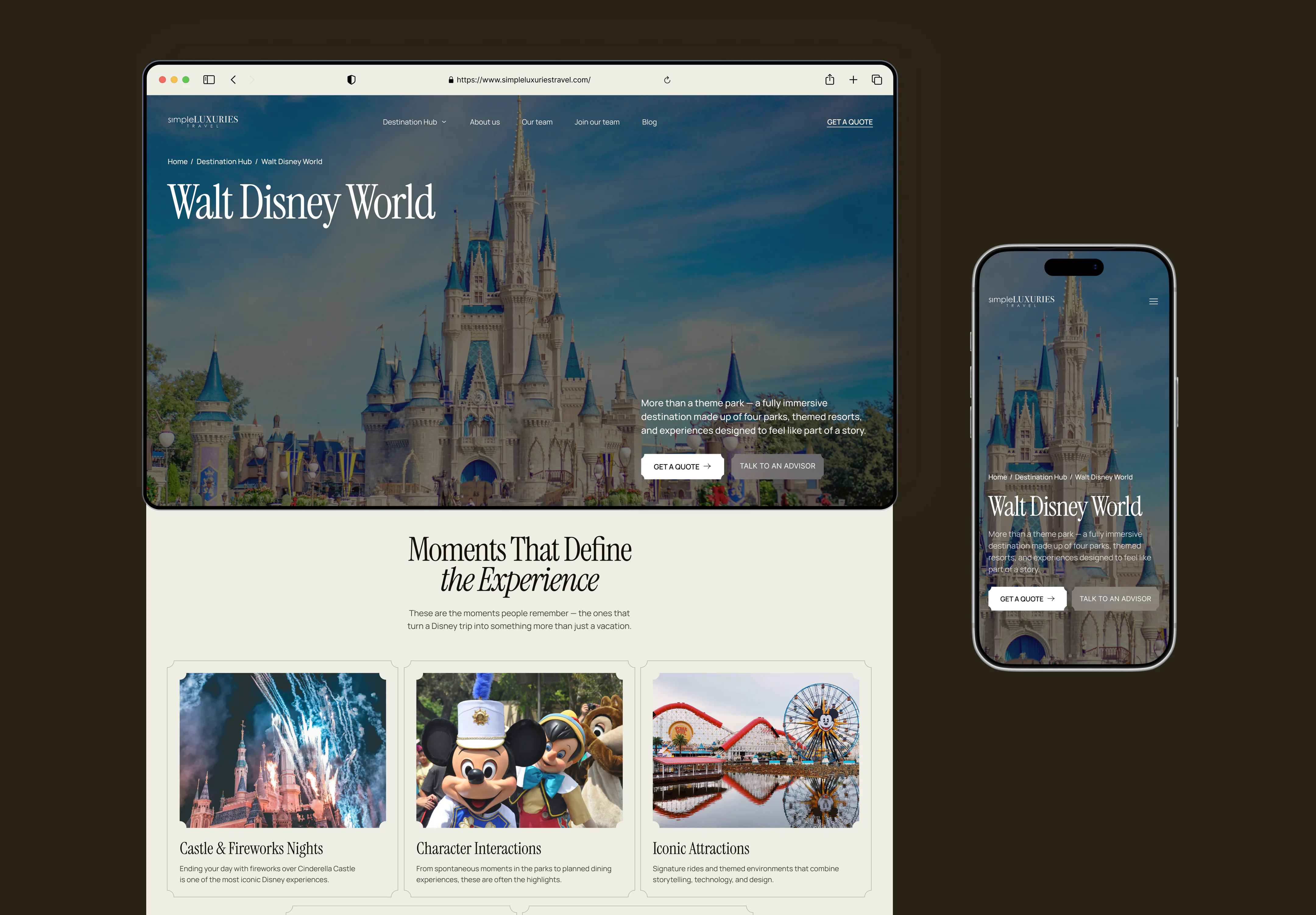 Responsive Walt Disney World travel page design for Simple Luxuries Travel on desktop and mobile