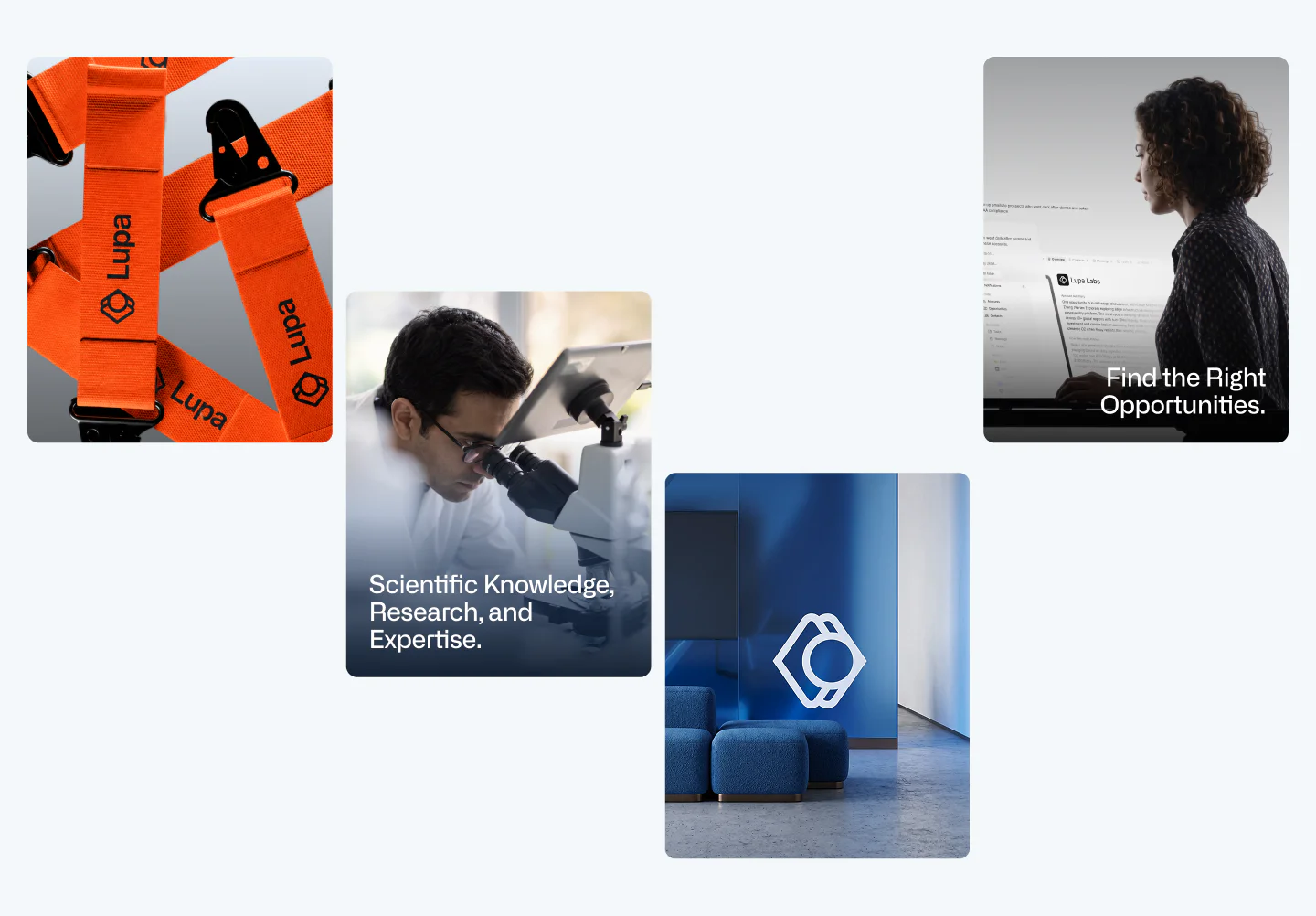 brand identity applications featuring orange branded lanyards, scientific imagery, and logo signage
