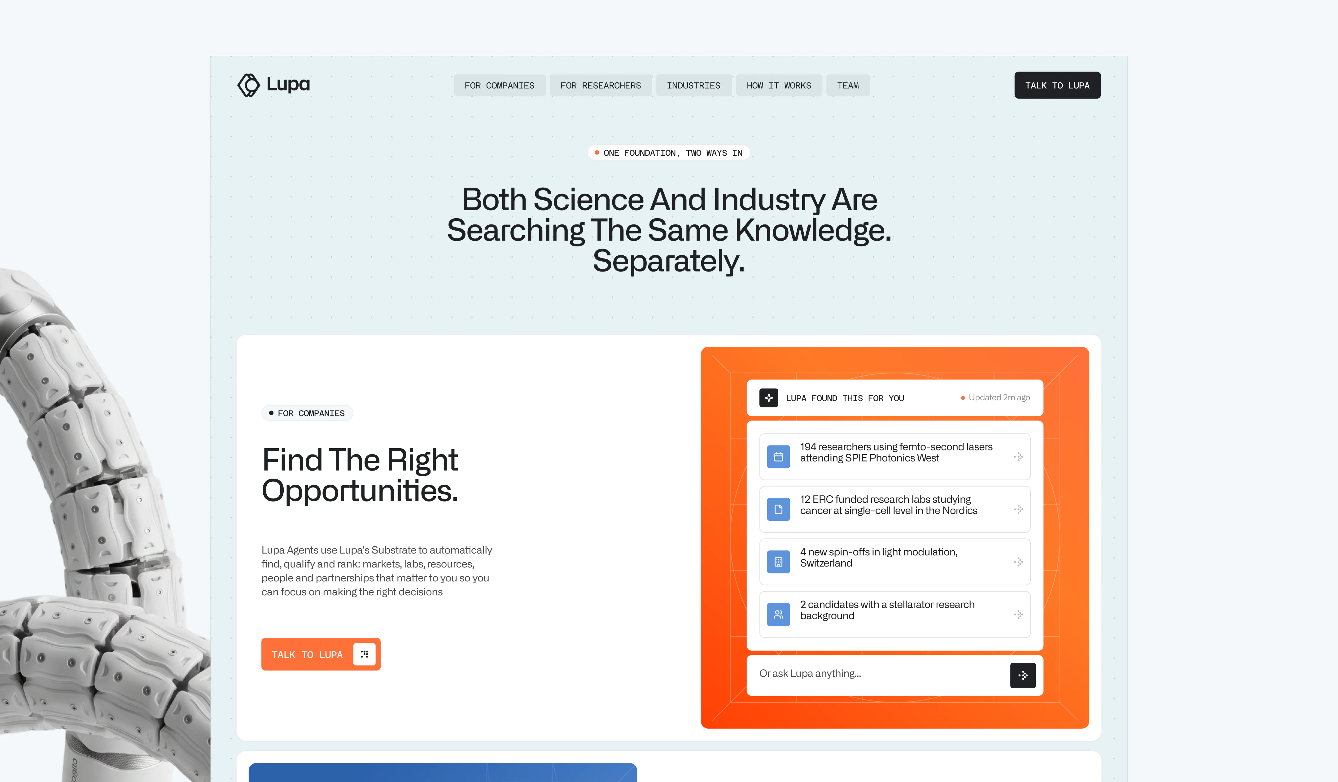 website design featuring scientific intelligence tools and research opportunity discovery for companies