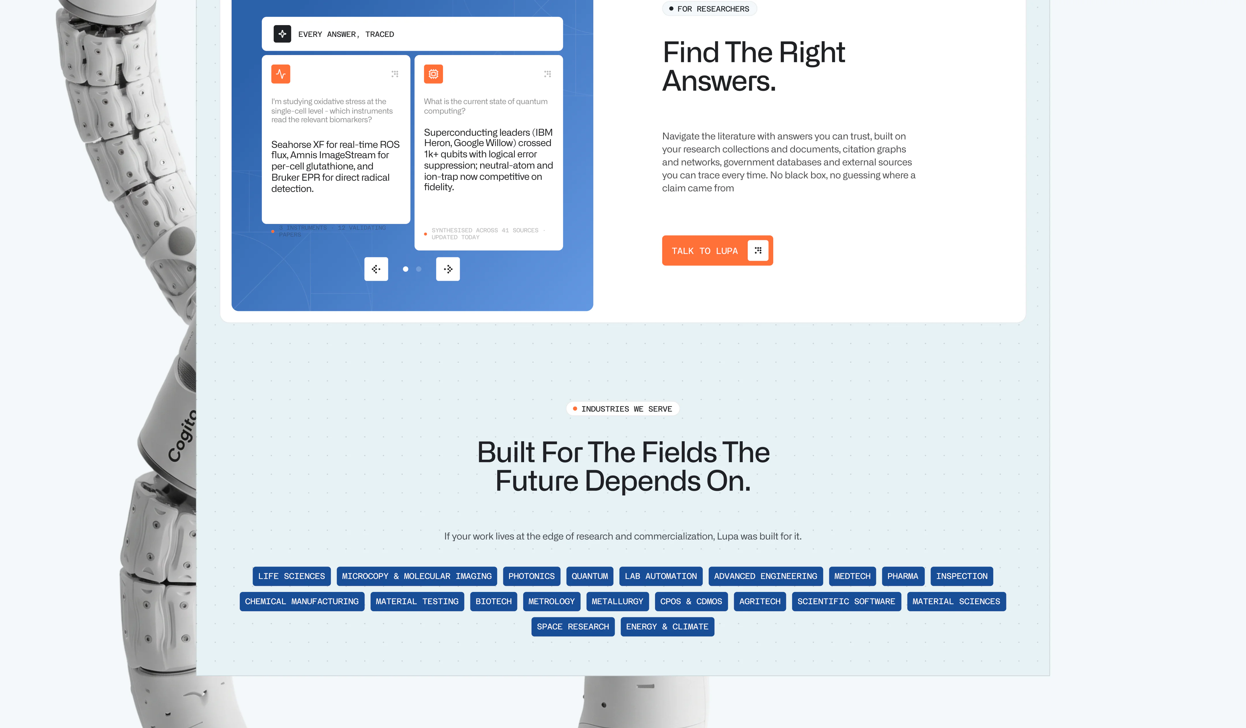 LUPA website design showing AI-powered research insights, scientific knowledge discovery, and industries served
