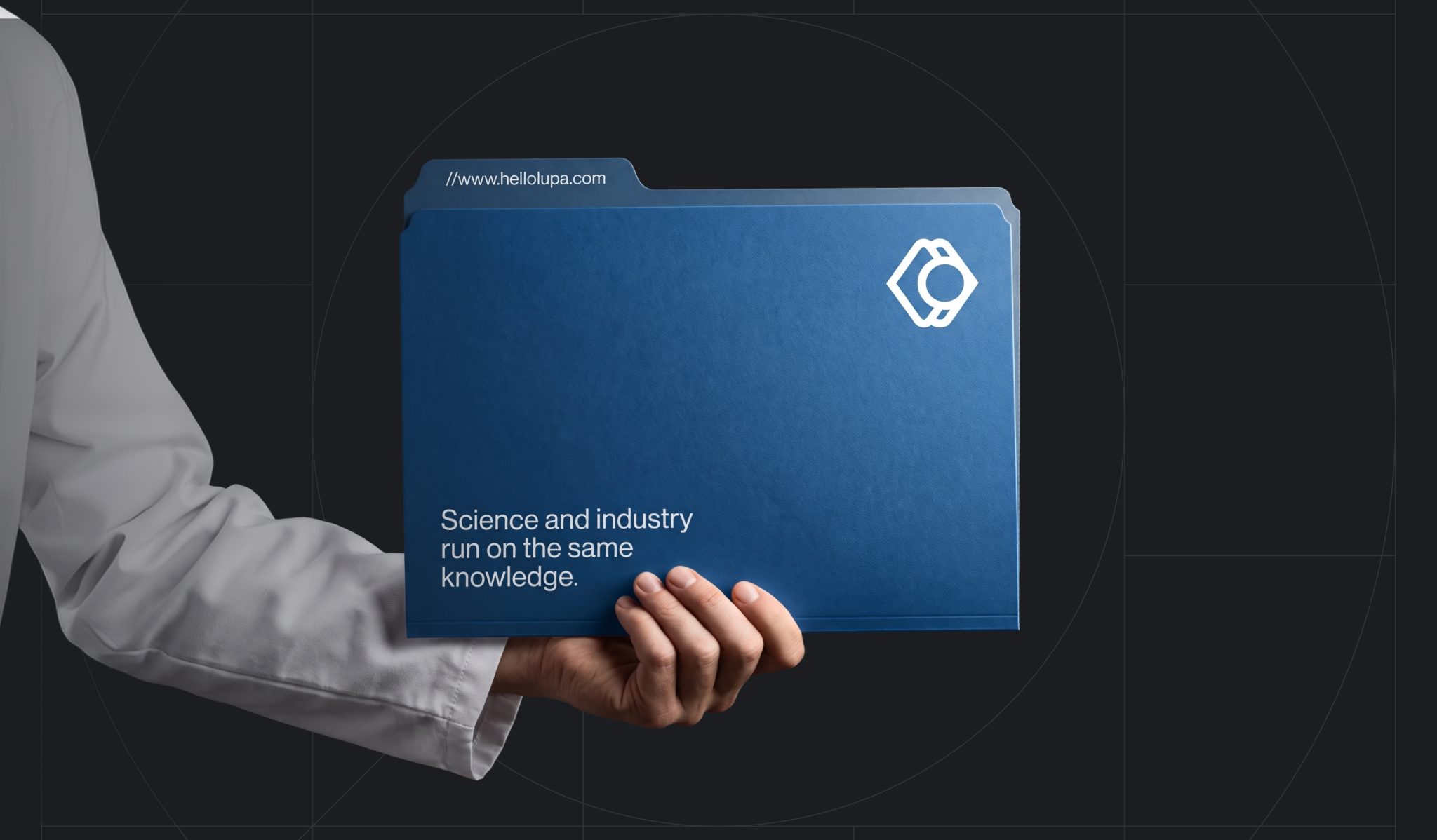 LUPA brand identity mockup featuring a blue folder with the company logo and science-focused brand messaging