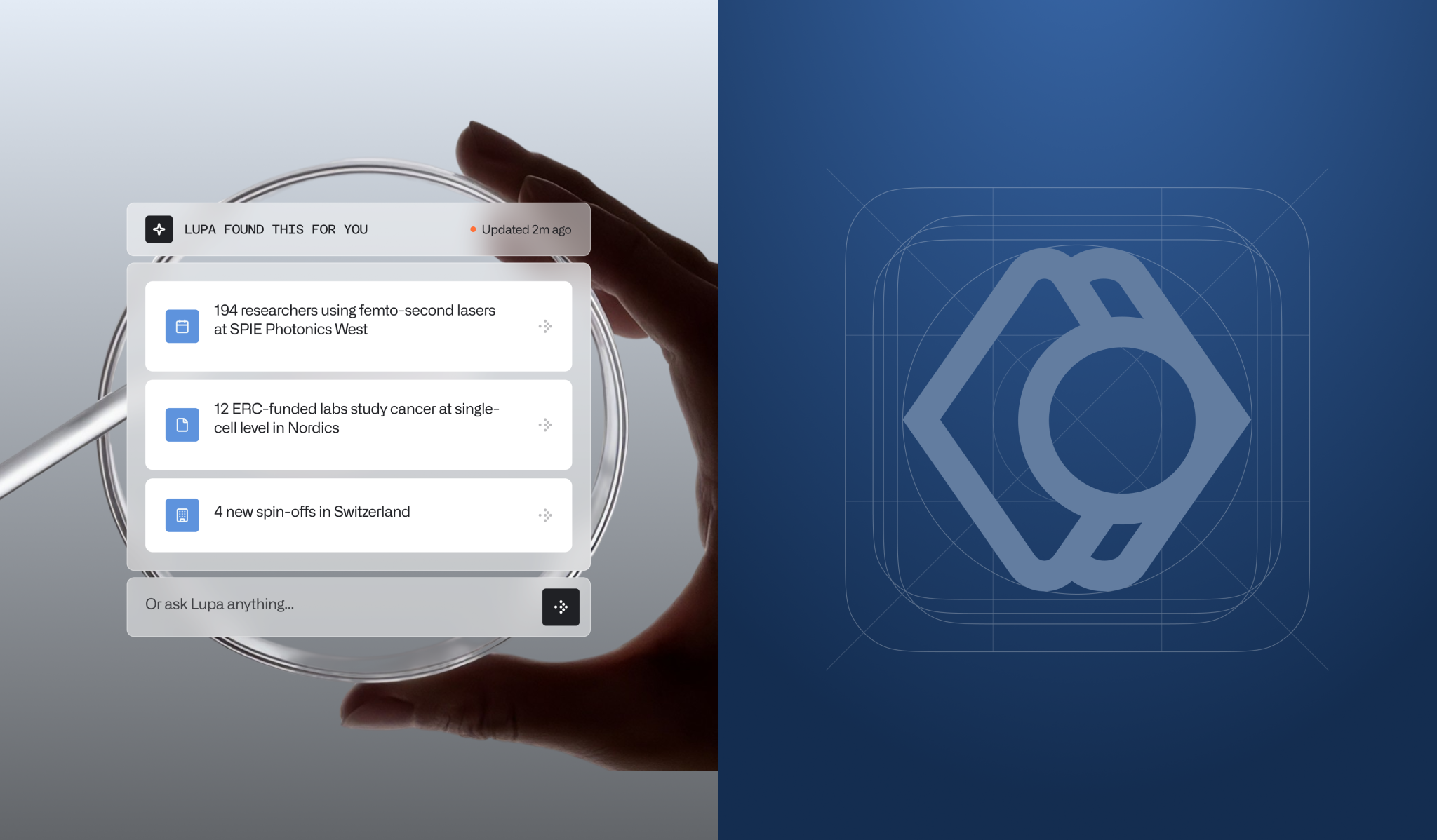 AI research platform interface with scientific insights alongside a geometric brand logo design