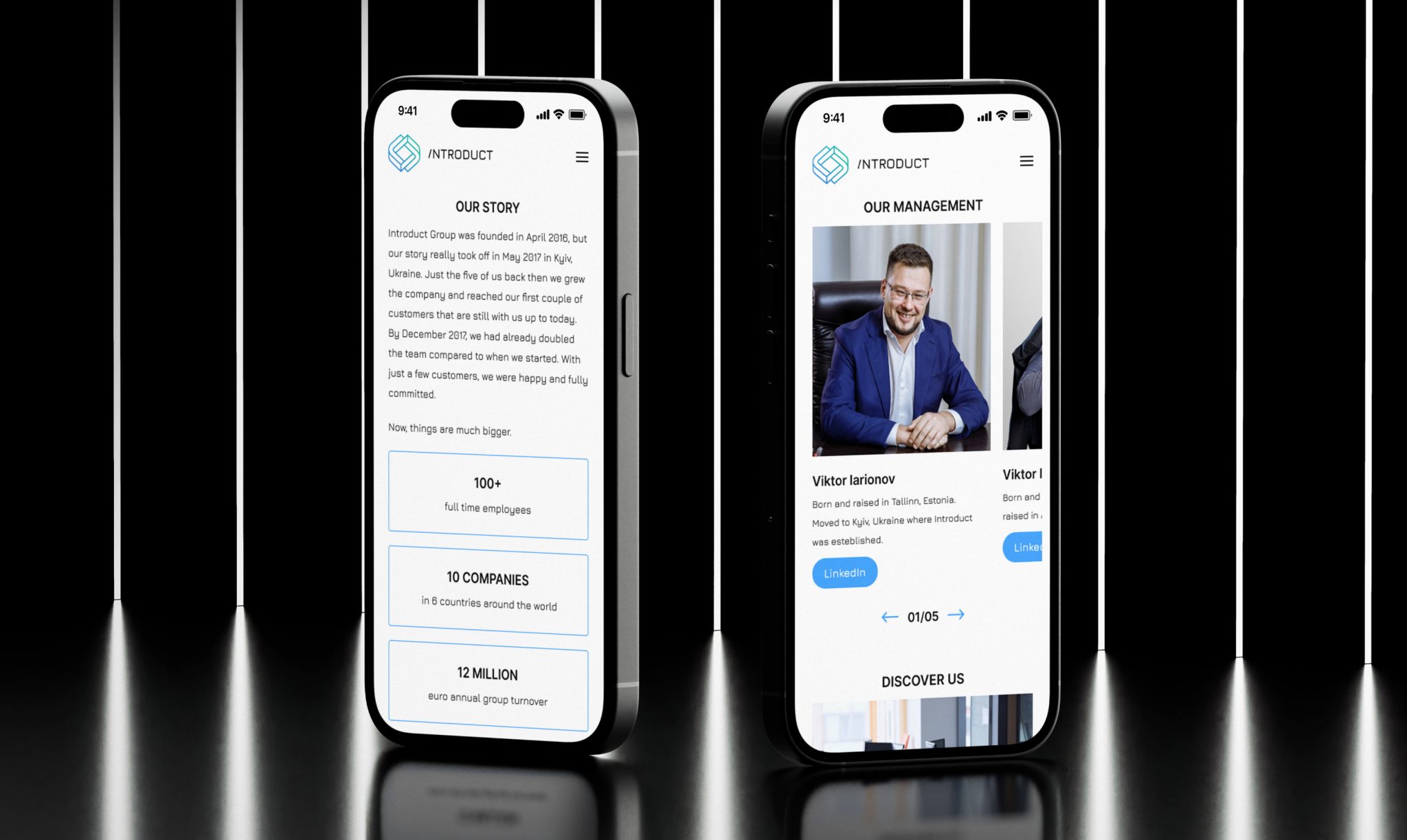 Intoduct mobile app interface displayed on two smartphone screens