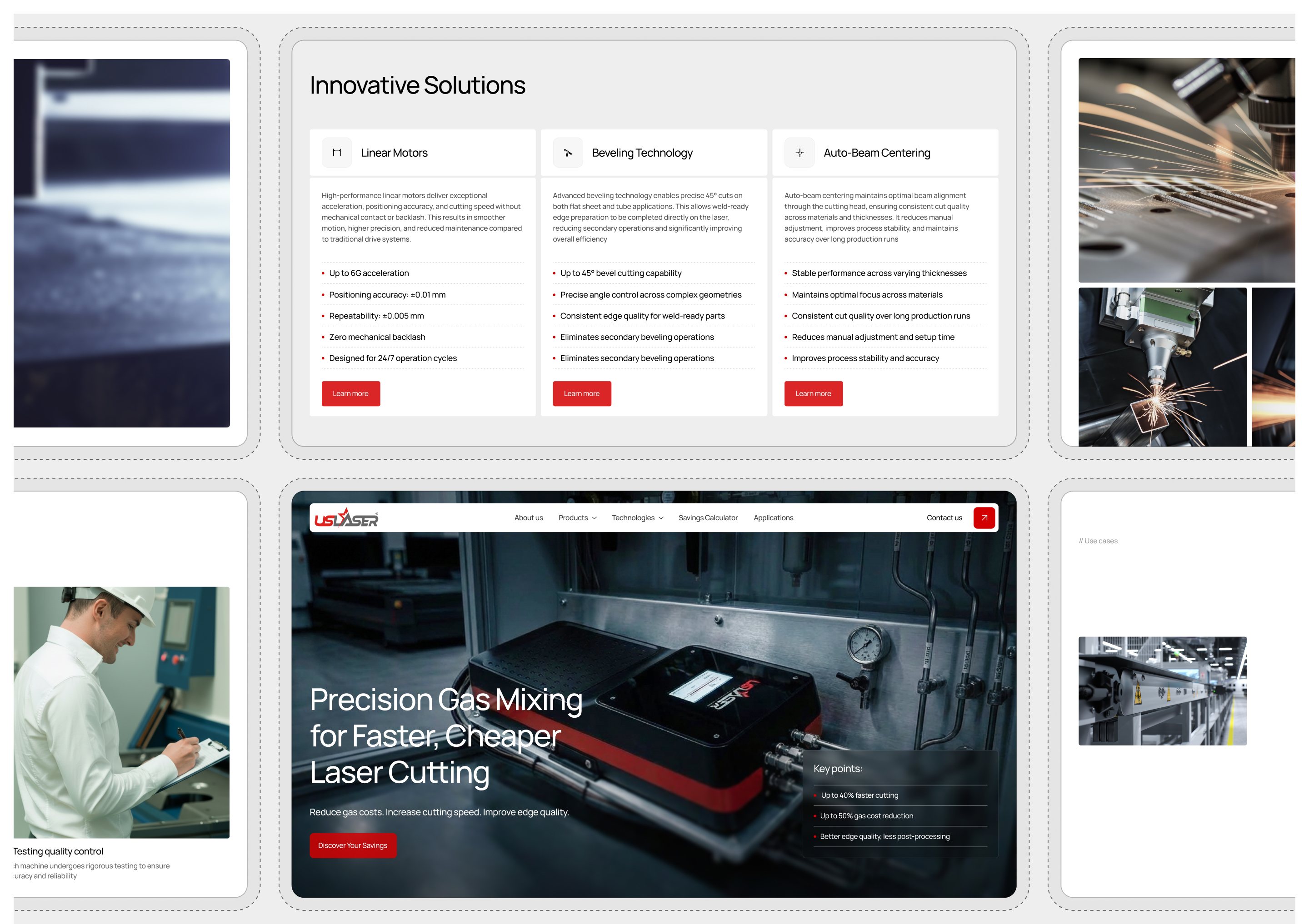 website design showcasing machine technologies, cutting features, and precision gas mixing