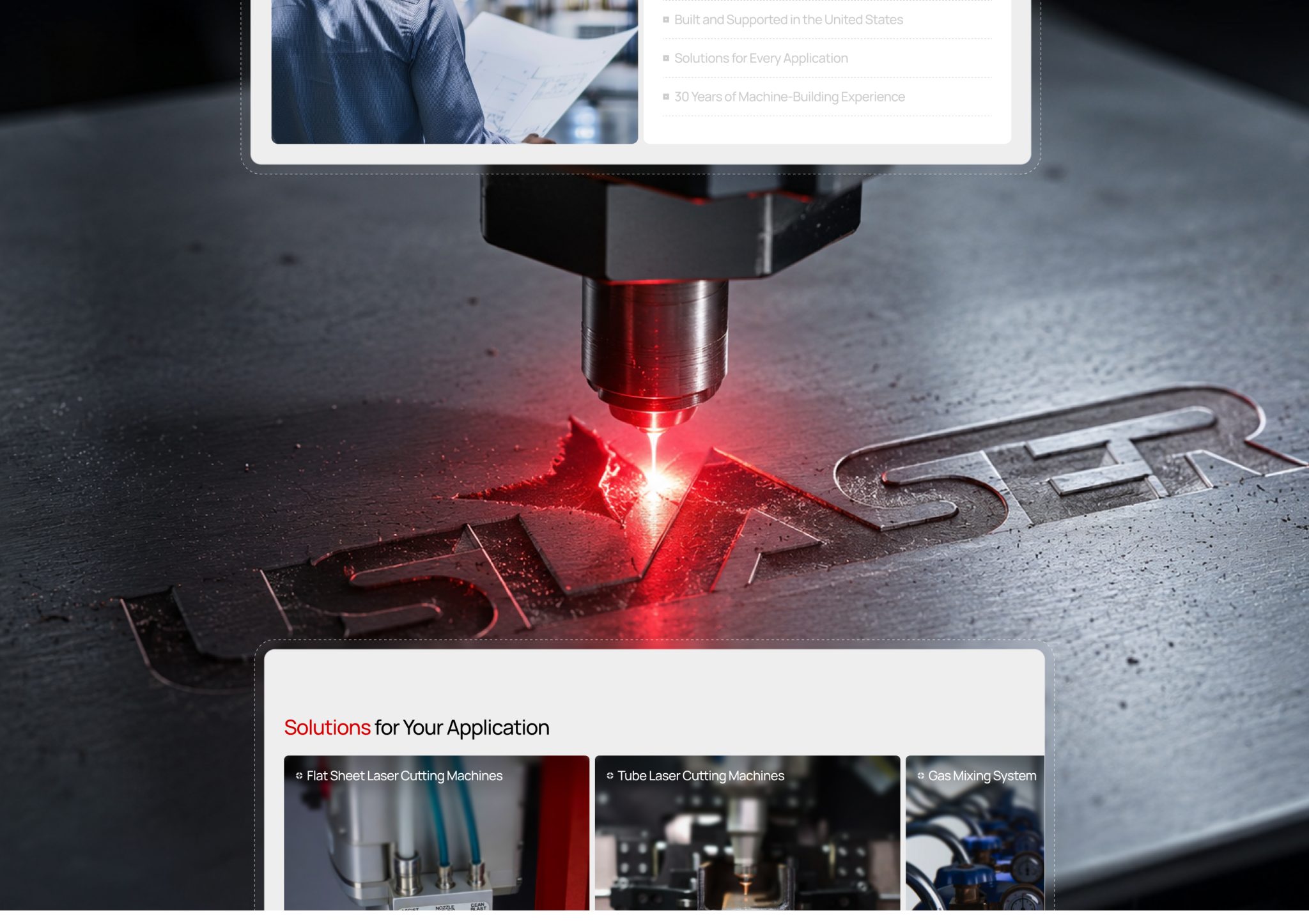website section showing a laser cutting machine engraving the company name and product application cards