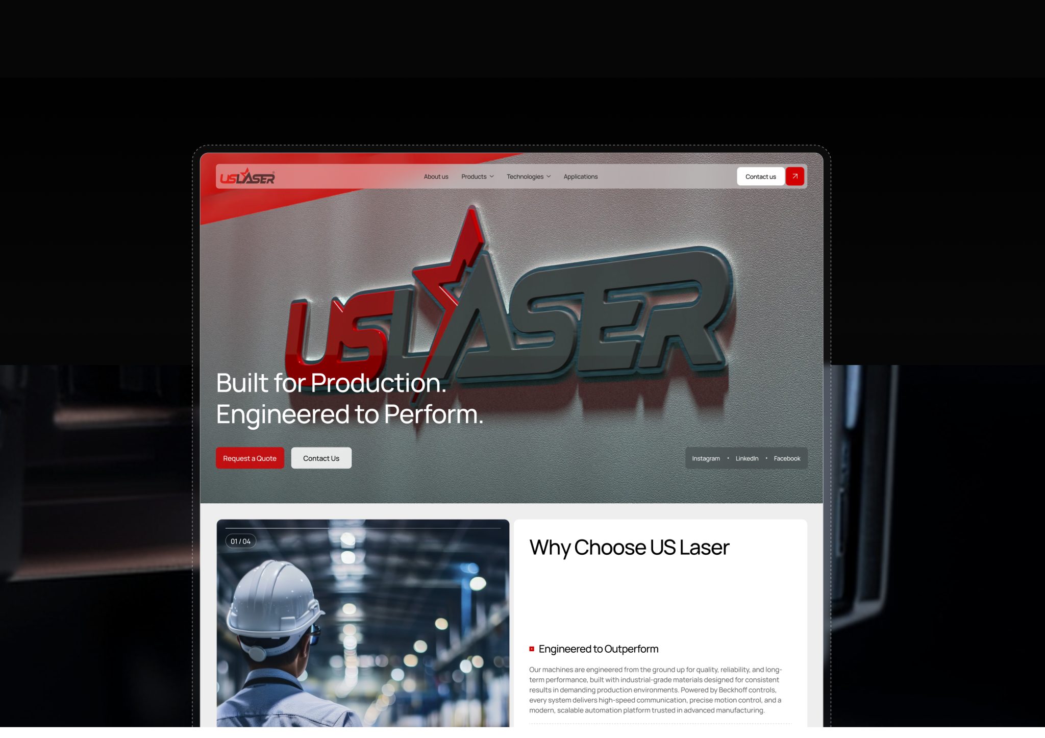 homepage redesign with industrial equipment imagery and a “Why Choose US Laser” section