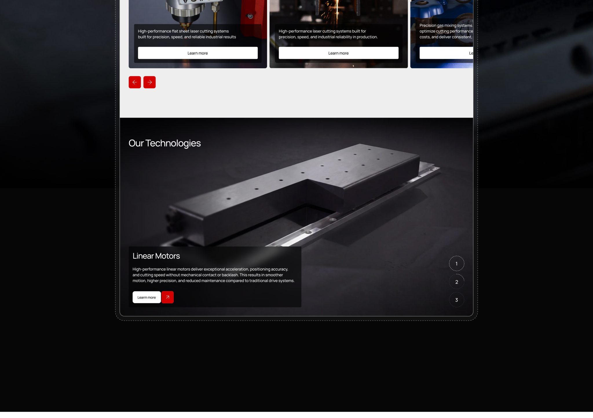website showcasing flat sheet laser cutting machines, tube laser systems, gas mixing systems, and linear motor technology