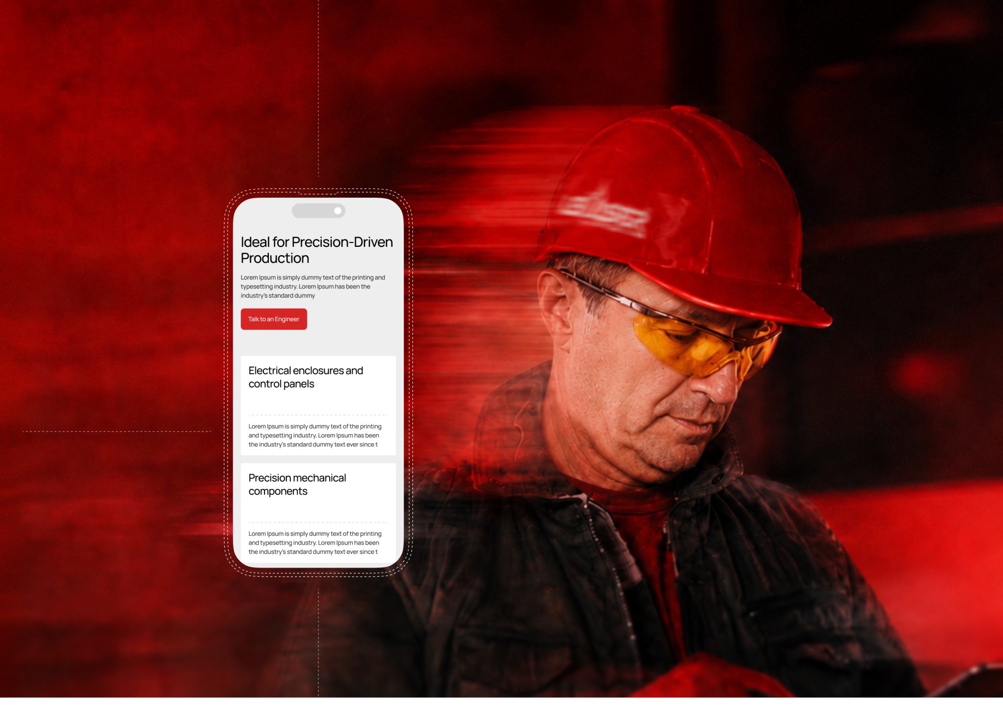 mobile website mockup beside a worker wearing a red hard hat and safety glasses