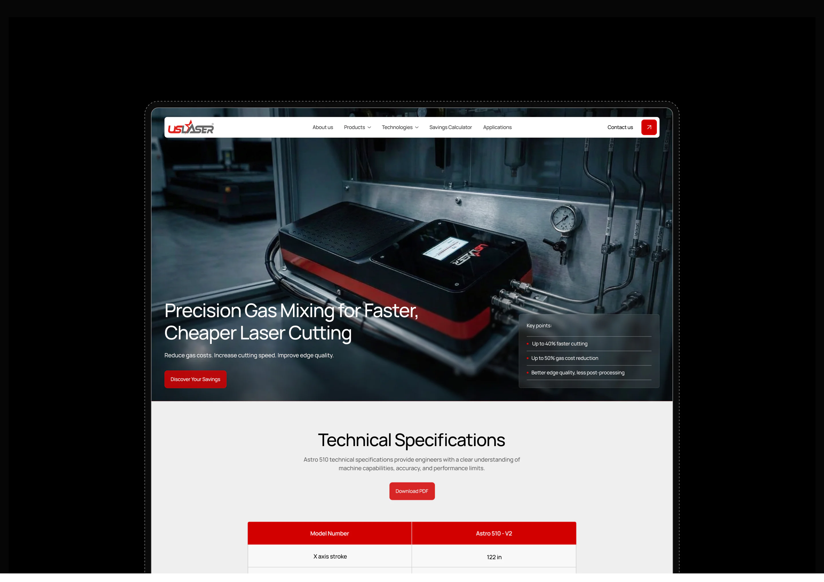 website page introducing a precision gas mixing system for faster, lower-cost laser cutting