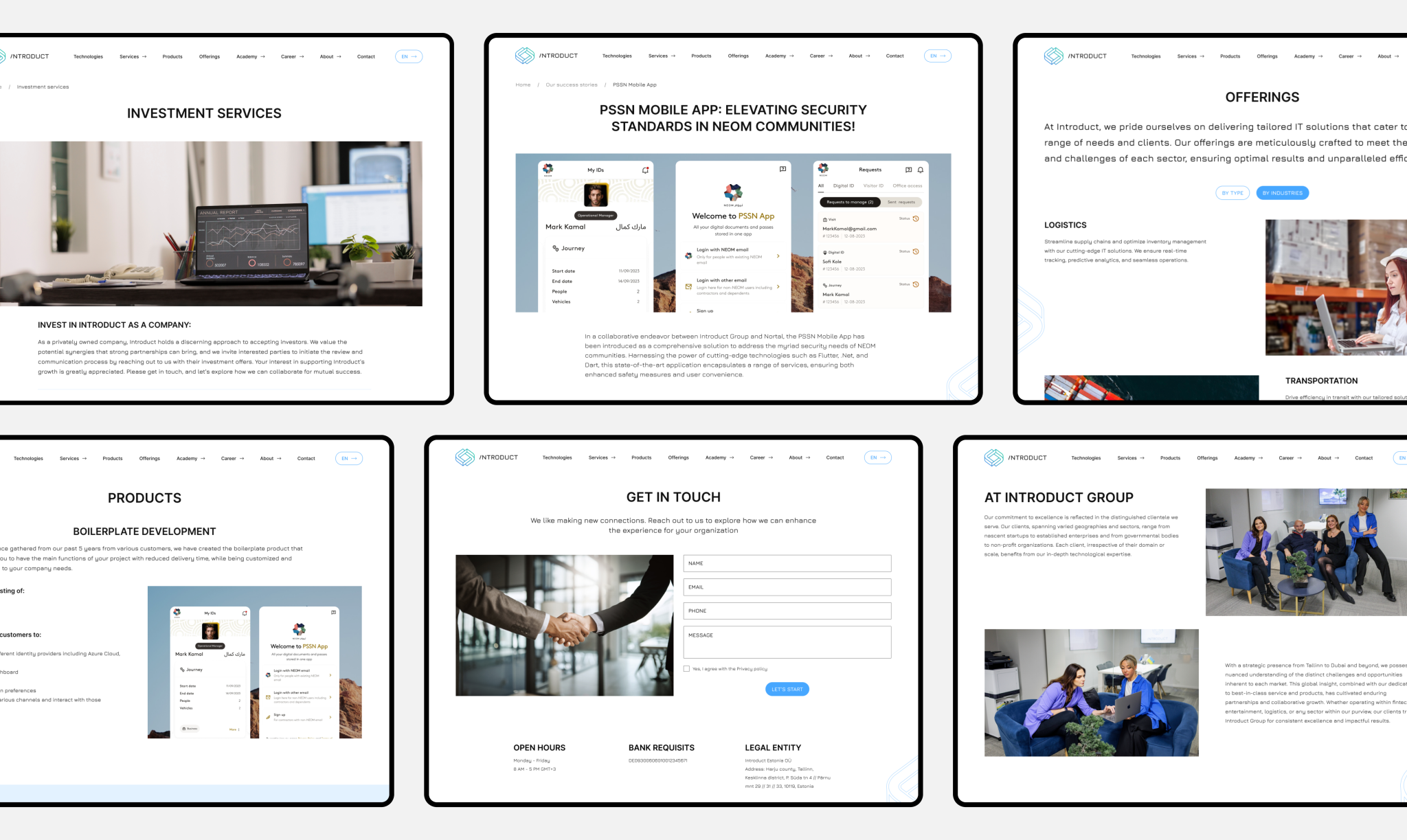 Intoduct website pages for investment services, software products, logistics, and company information