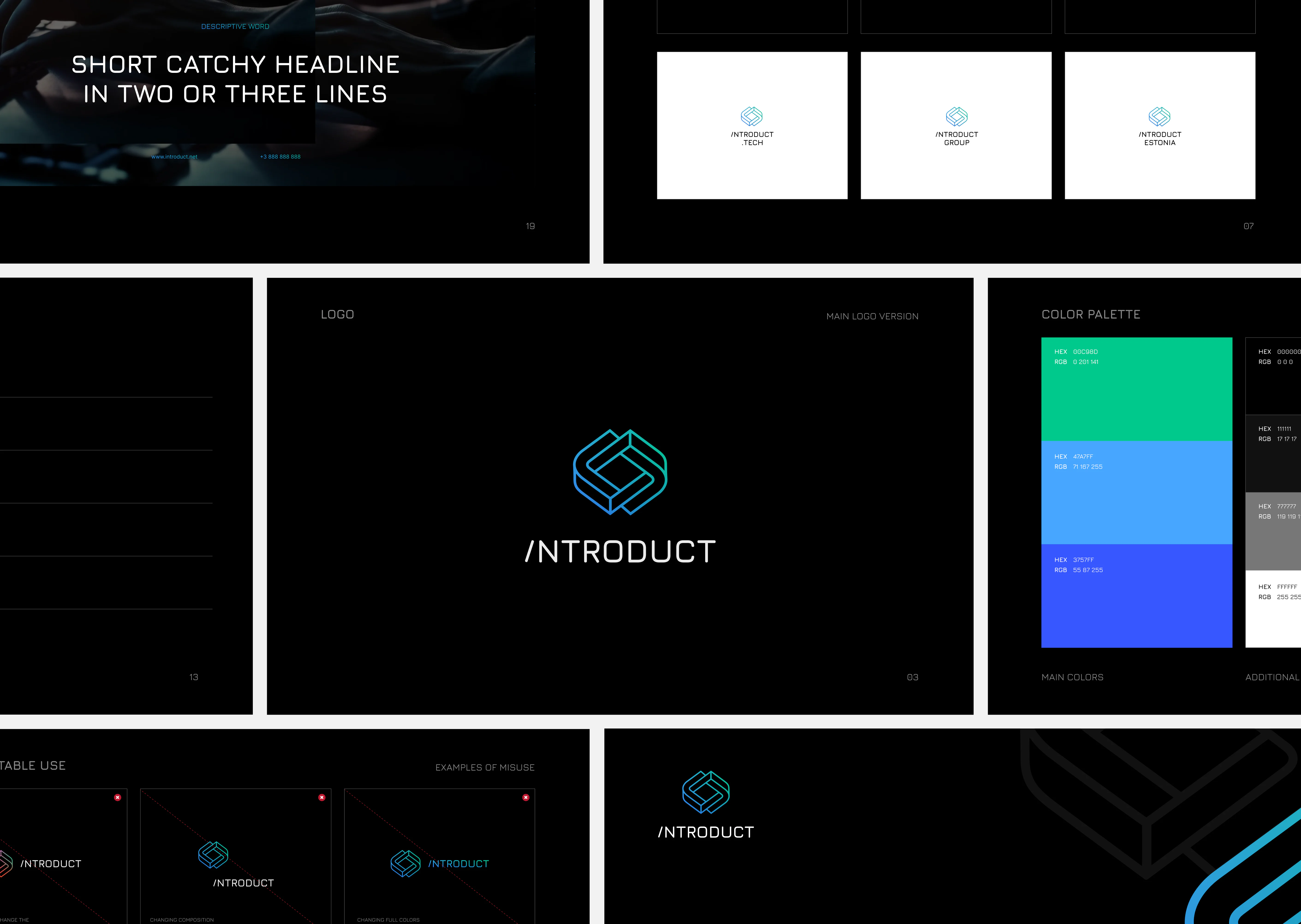 brand identity guidelines showing the logo, color palette, and logo applications