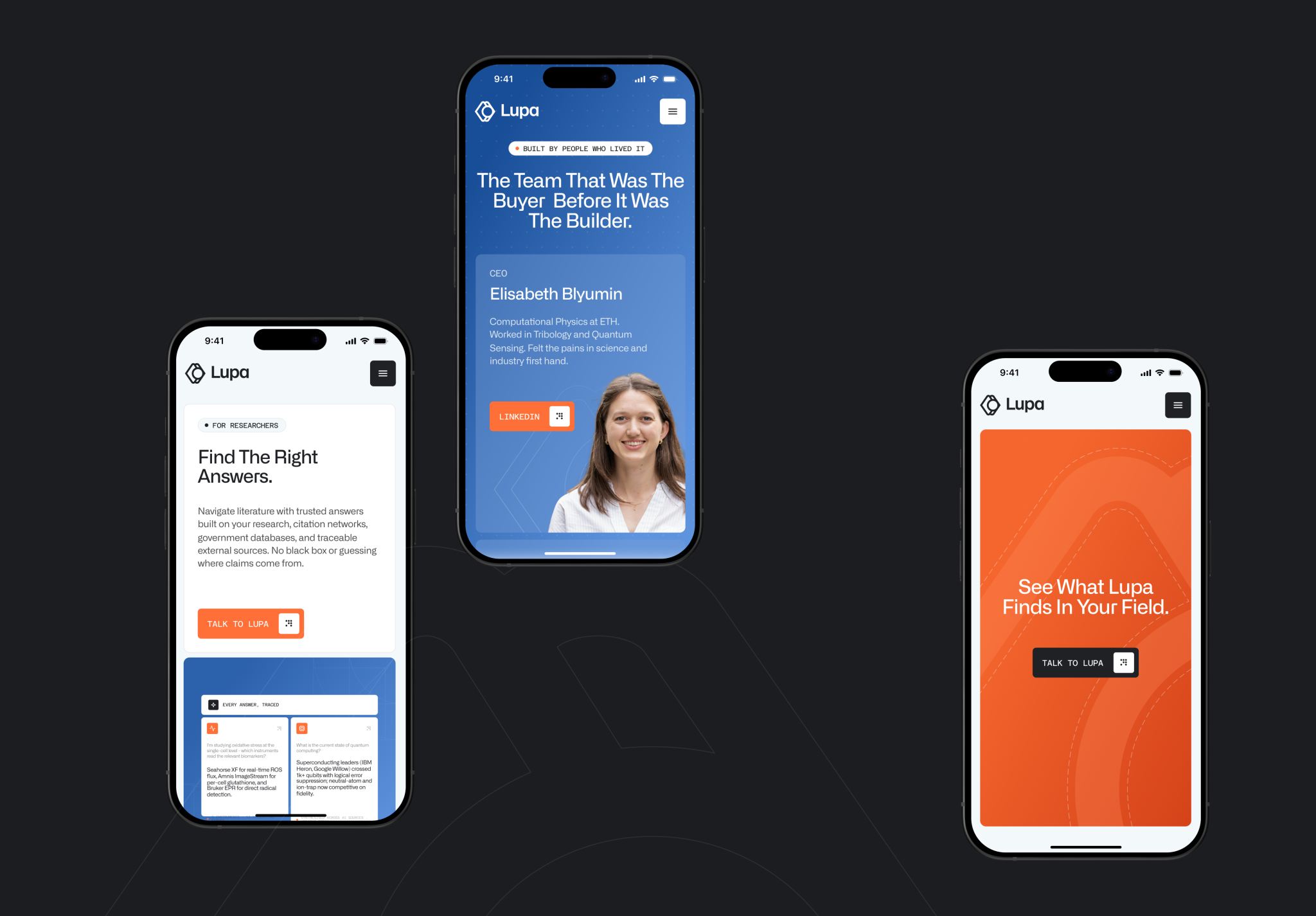 Responsive mobile website design for LUPA showing researcher-focused content, team profiles, and contact sections