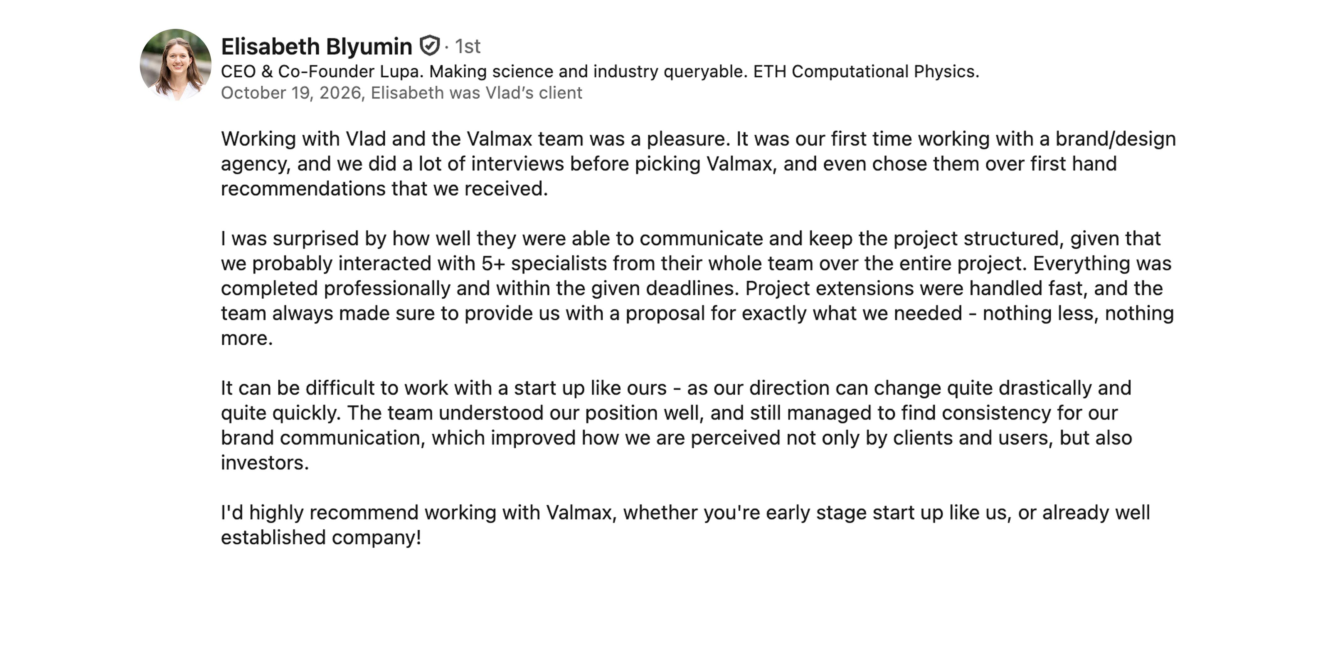 LinkedIn testimonial from Elisabeth Blyumin, CEO and Co-Founder of LUPA, highlighting brand strategy, communication, and project delivery.