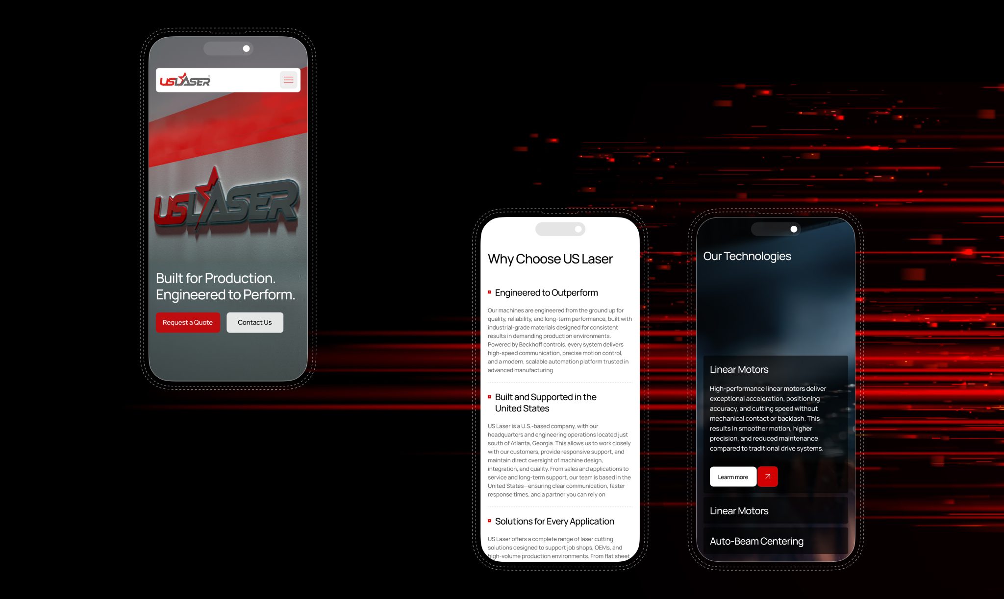 US Laser Cutting mobile website design showing the homepage, company benefits, and laser cutting technologies