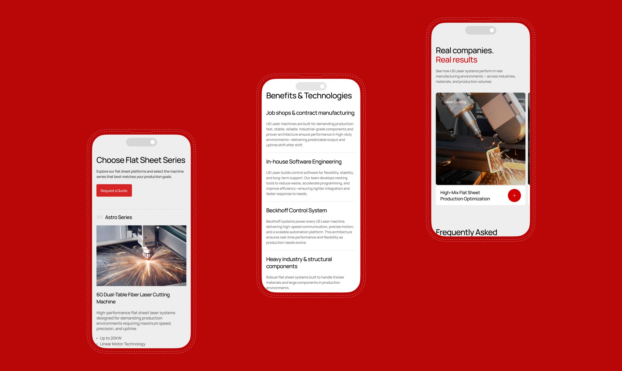 mobile website screens showing product selection, machine benefits, and real-world results