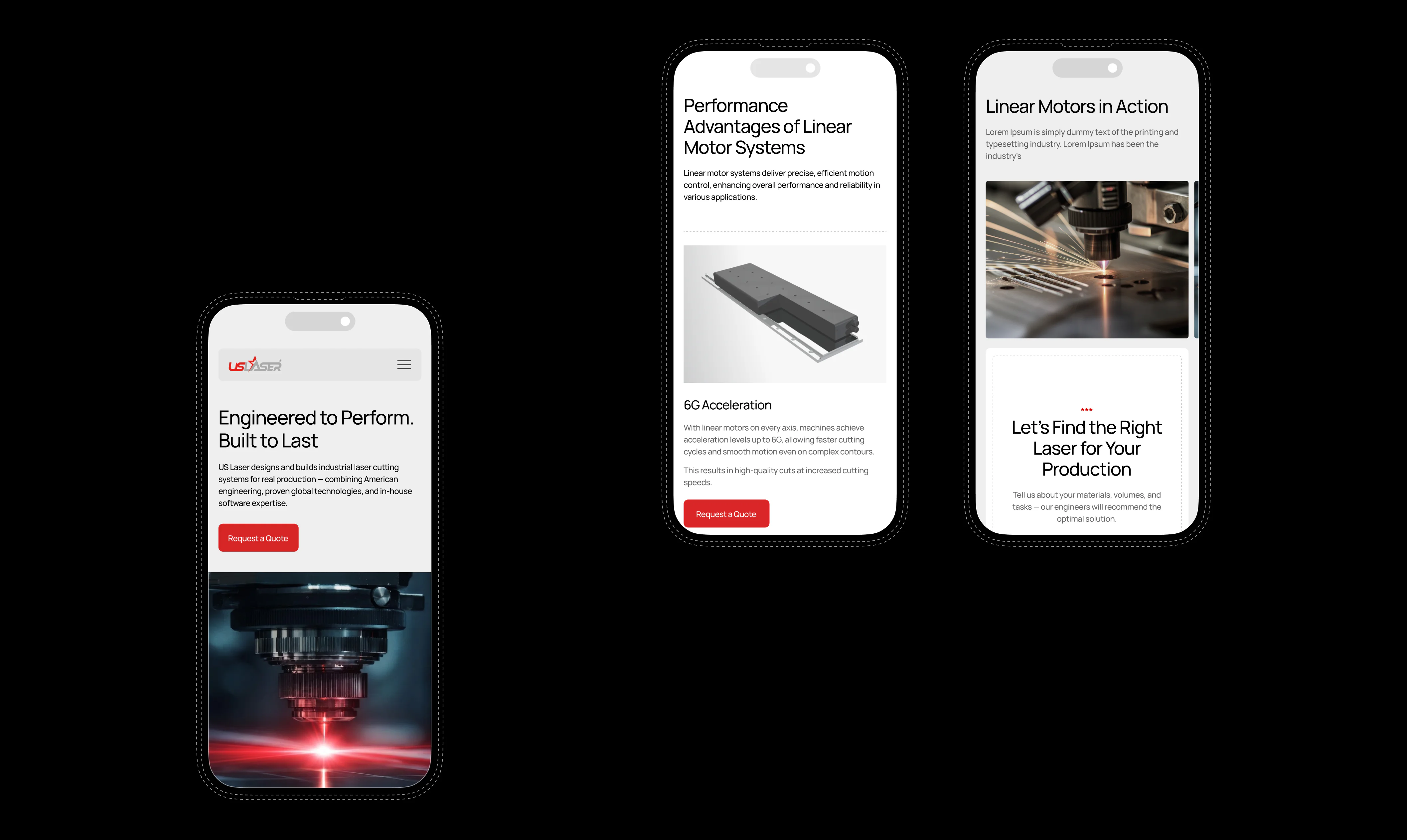 mobile website screens showing the homepage, linear motor technology, and a laser selection form