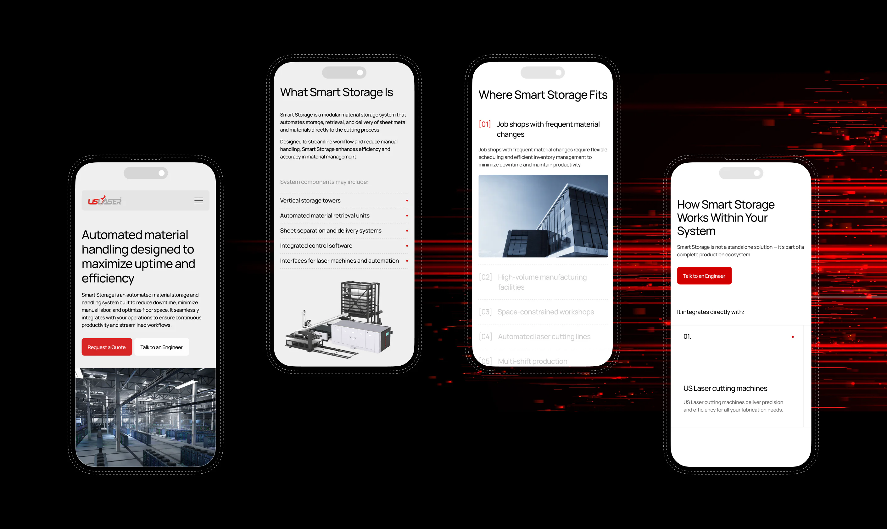 mobile website screens explaining its automated Smart Storage system and how it integrates with laser machines