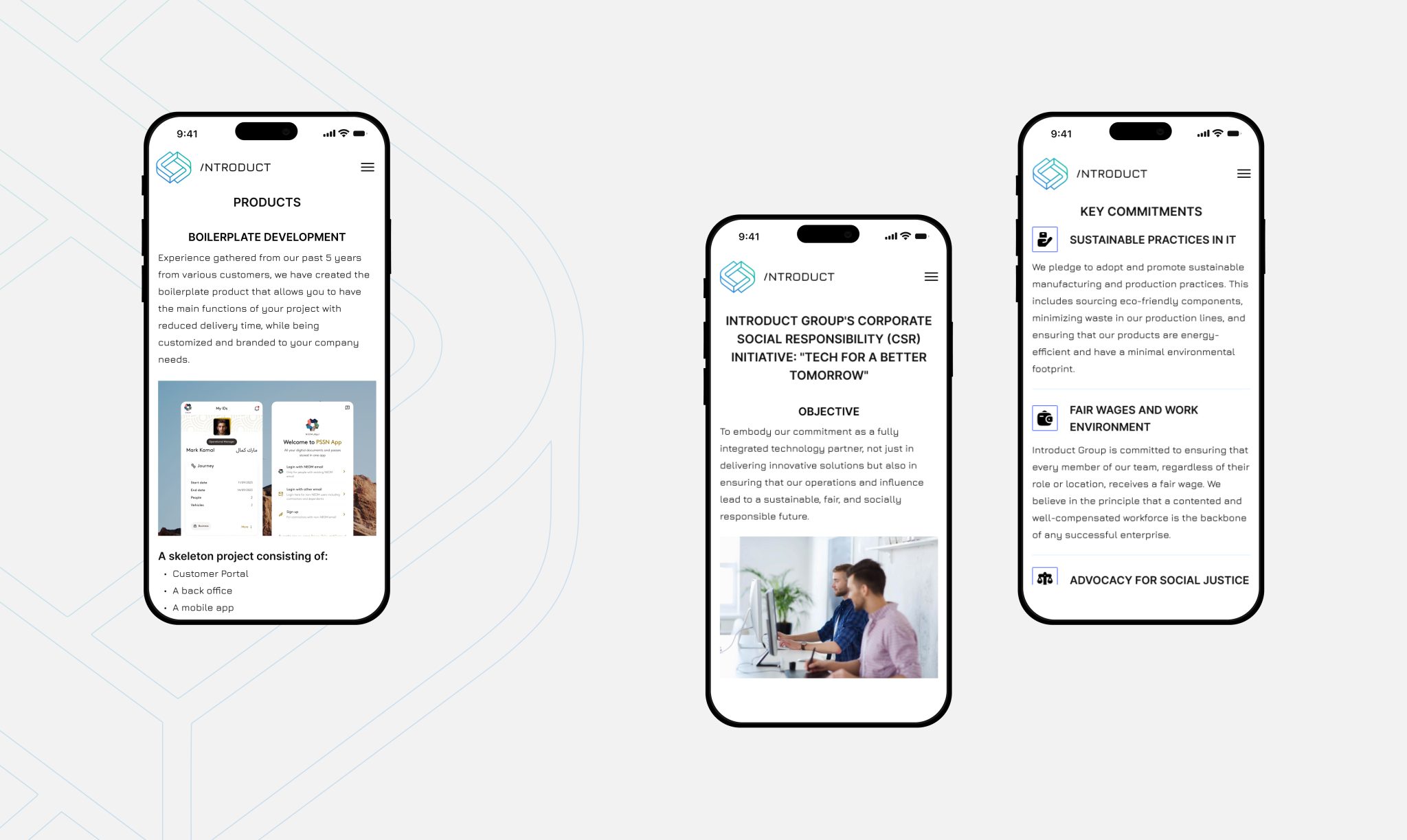 mobile website pages showing product development, corporate social responsibility, and company commitments