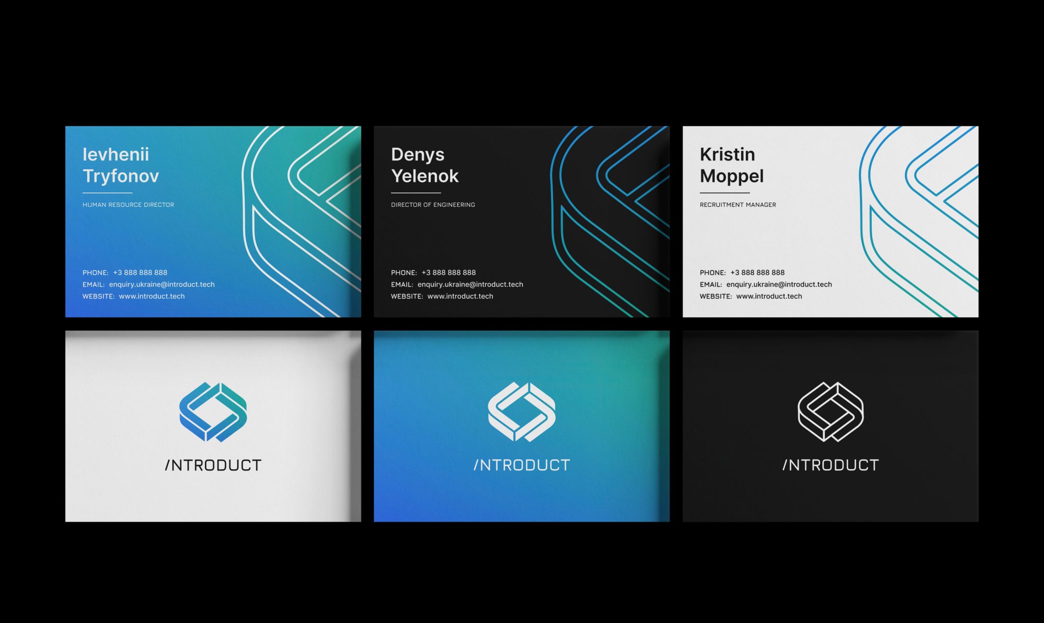 business cards and logo variations in blue, black, and white