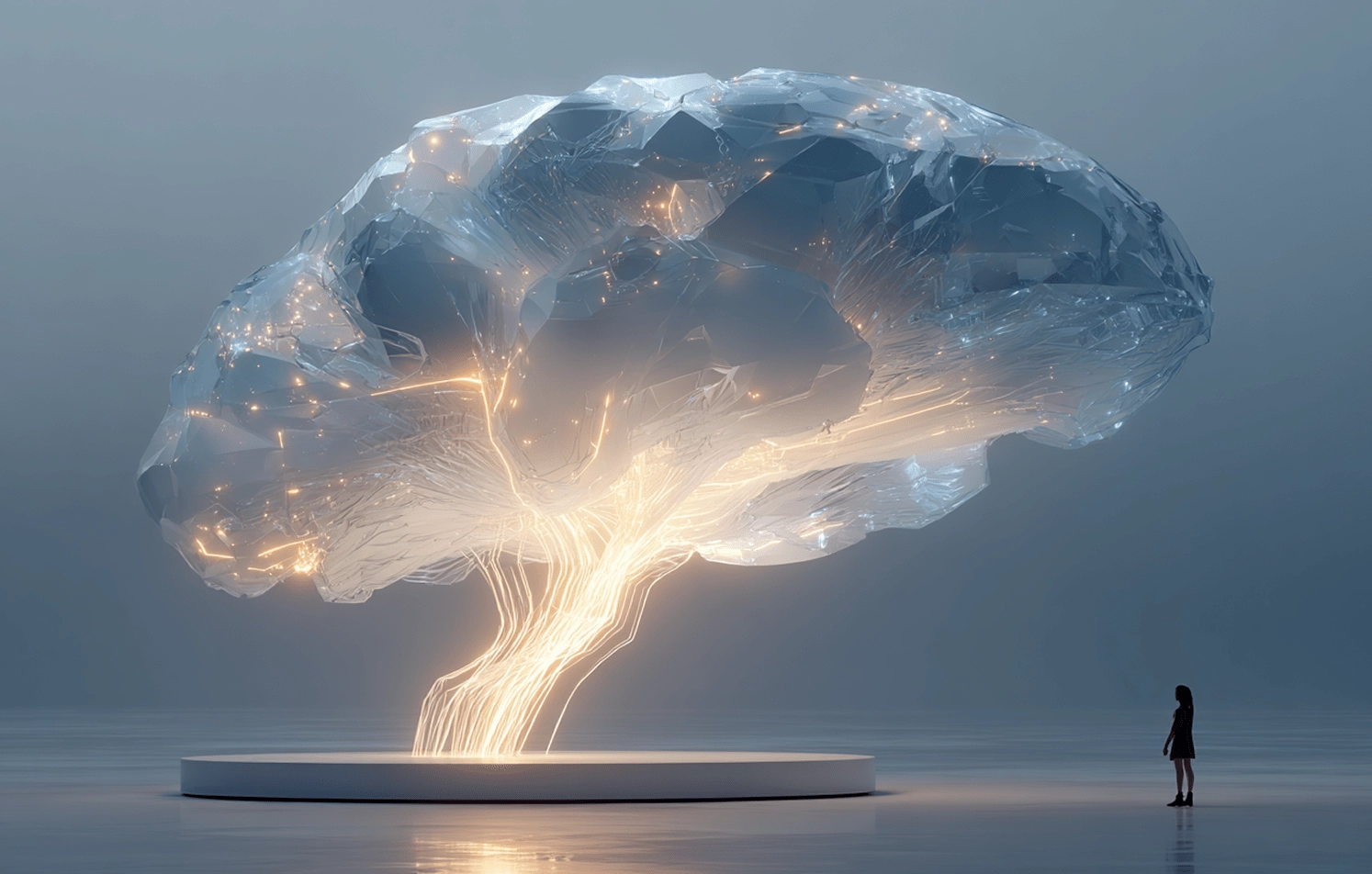 Futuristic Brain Structure Glowing digital brain with person standing nearby.