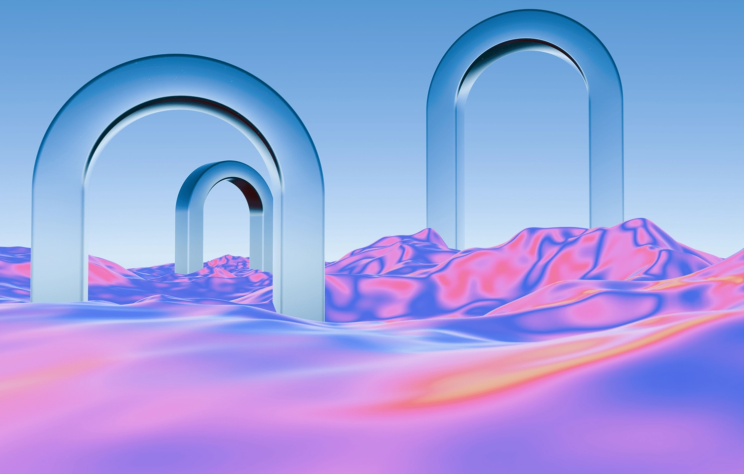 Surreal Arches 3D arches on pink and purple terrain.