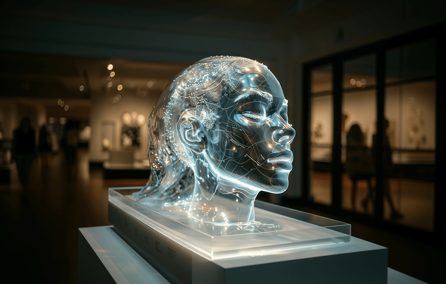 Futuristic Glass Head Sculpture Futuristic glass head with glowing circuits