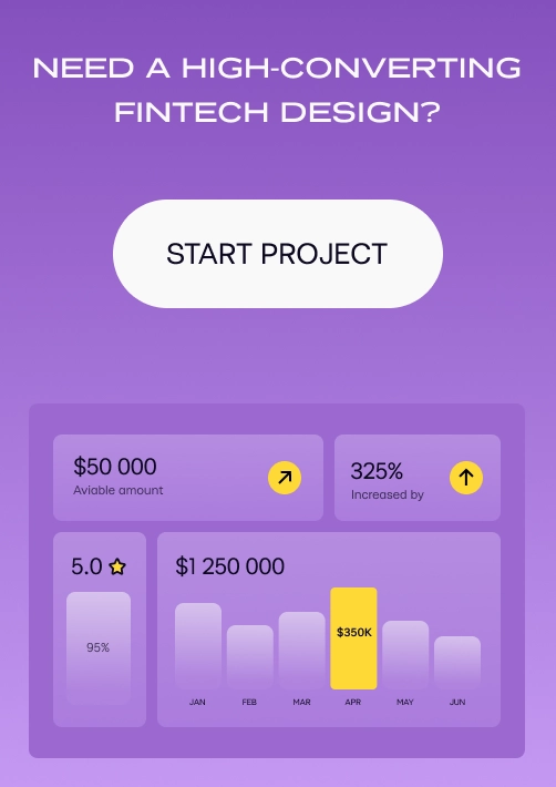 Financial banner with ‘Start Project’ button, showing available amount of $50,000, 325% increase, 5.0 rating, and monthly revenue chart peaking at $350k in April.