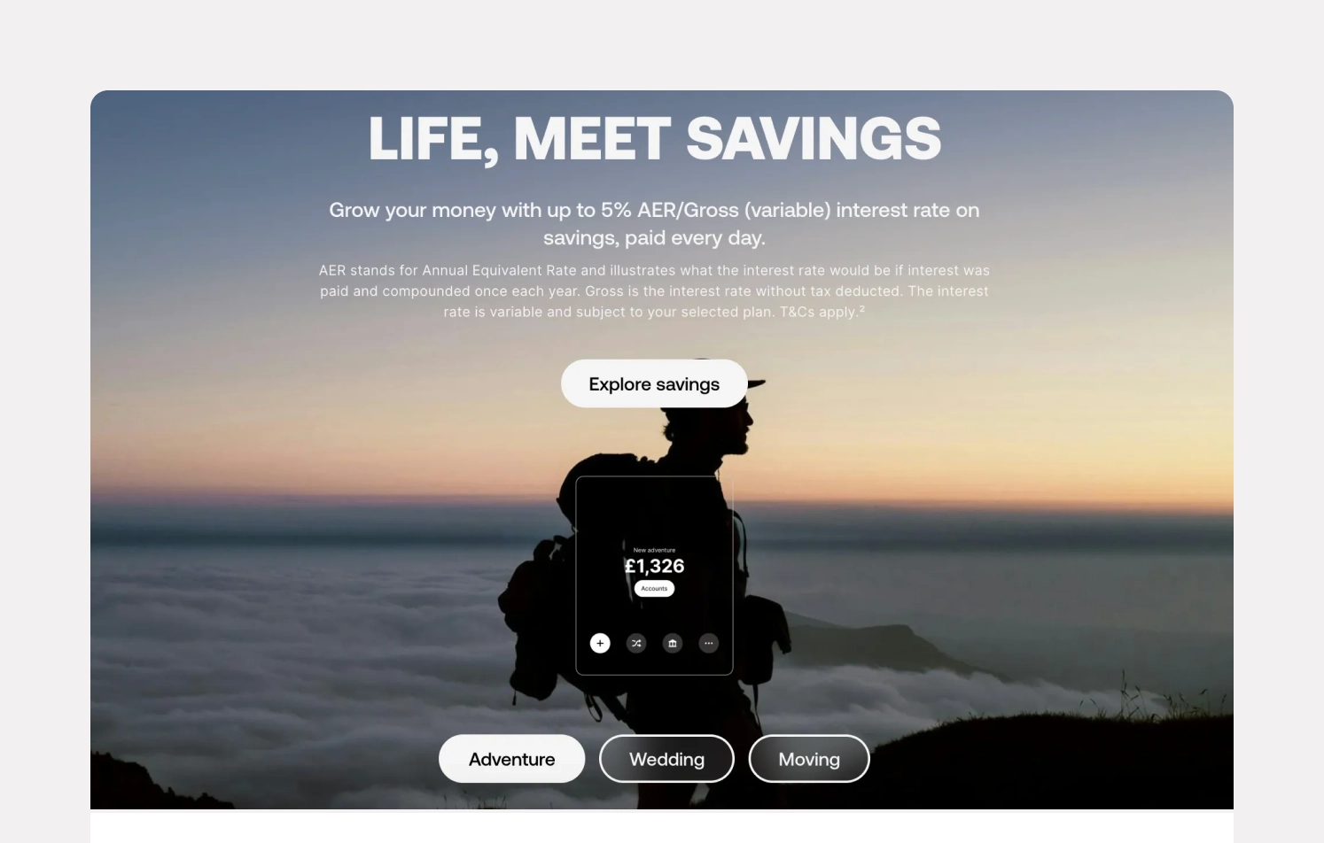 Fintech design Silhouette of a traveler with a phone interface showing savings, set against a sunset, promoting emotional fintech design.