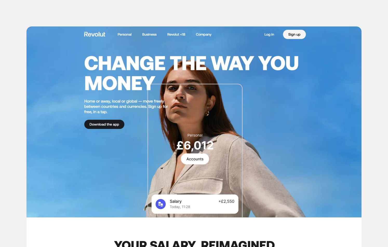 Revolut landing page Revolut landing page with a woman and income summary, emphasizing user-friendly fintech design and real-life visuals