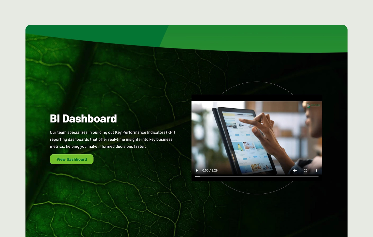BI Dashboard: Interactive Data A website section titled 'BI Dashboard' with a dark green leaf-textured background on the left and a video player on the right showing a hand interacting with a tablet displaying various data dashboards and charts