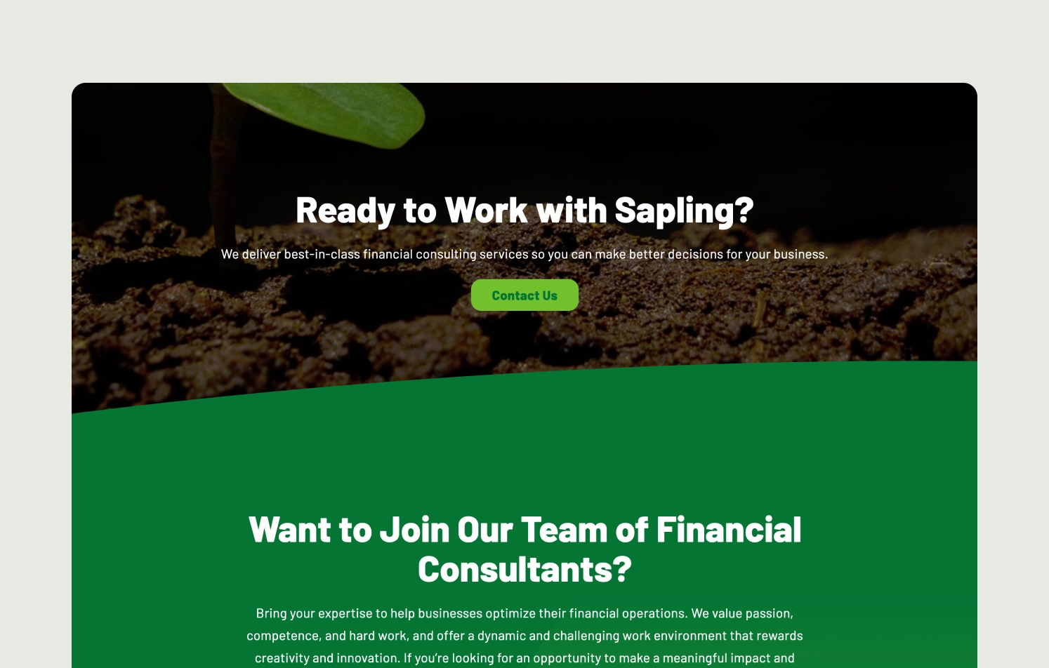 Ready to Work with Sapling Sapling call-to-action with sprout in soil and ‘Contact Us’ button