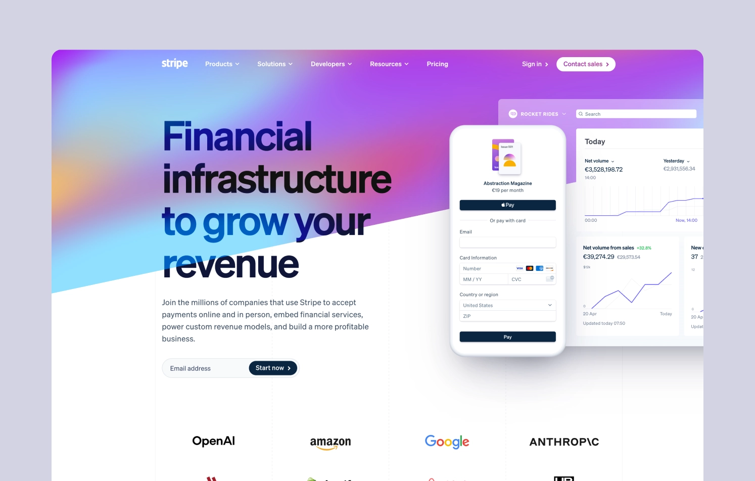 Stripe's financial infrastructure landing page Stripe page with gradient background, headline, and payment dashboard