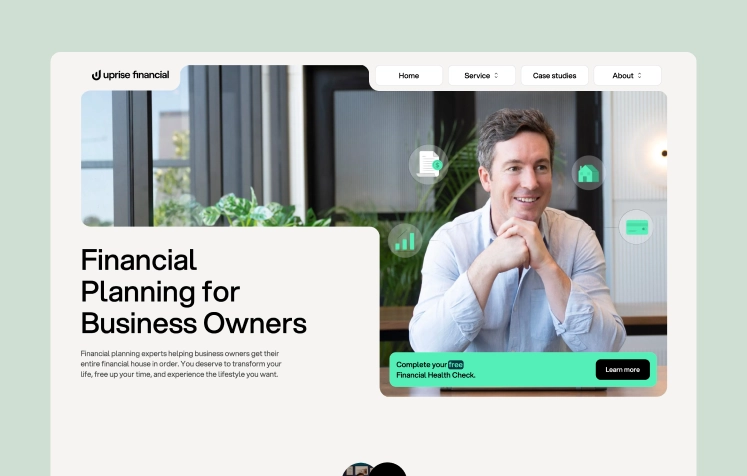 Uprise Financial homepage Smiling business owner featured on Uprise Financial homepage about financial planning services