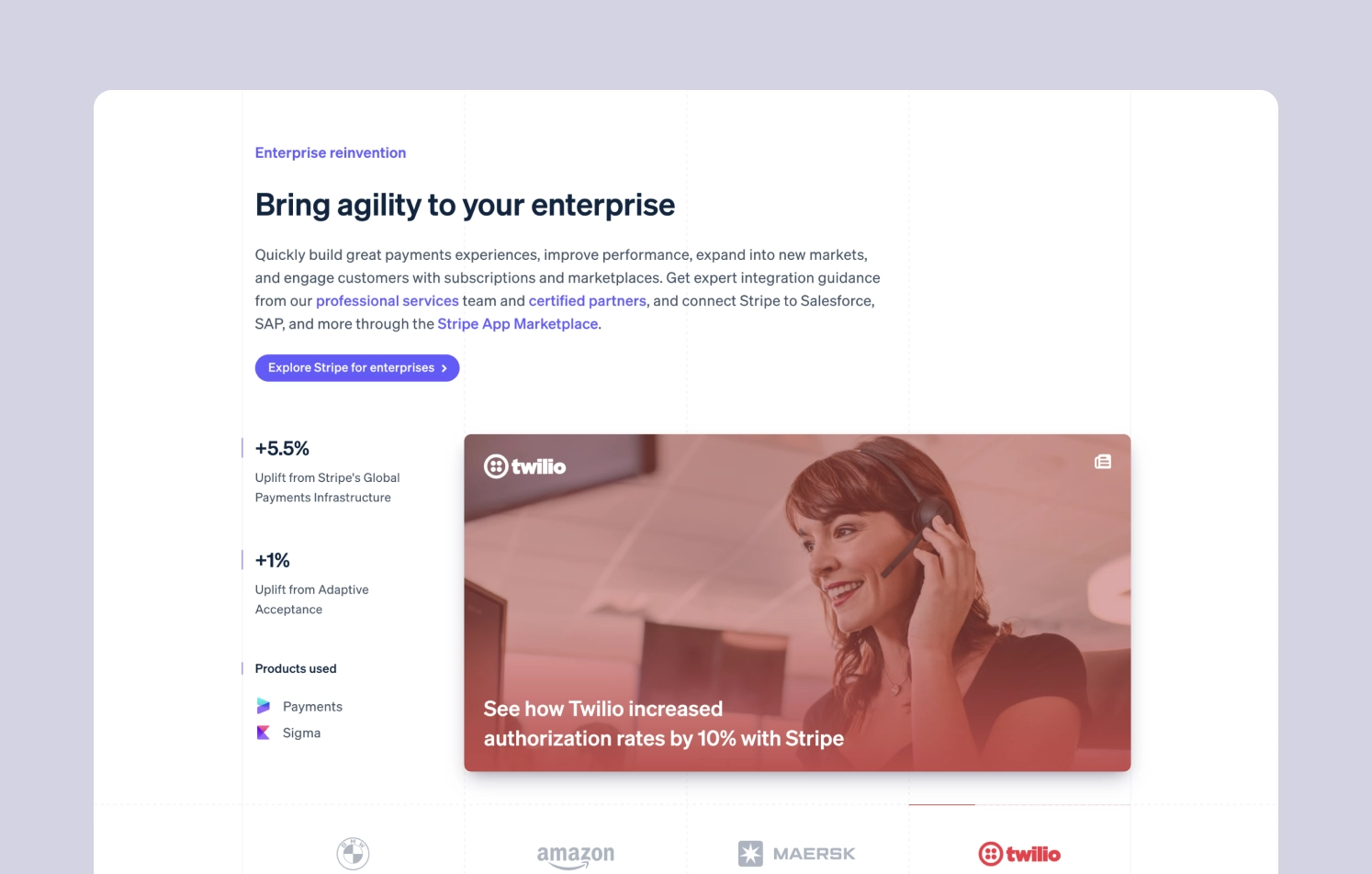 How Twilio Improved Authorization Rates with Stripe Twilio case study on Stripe enterprise payments page