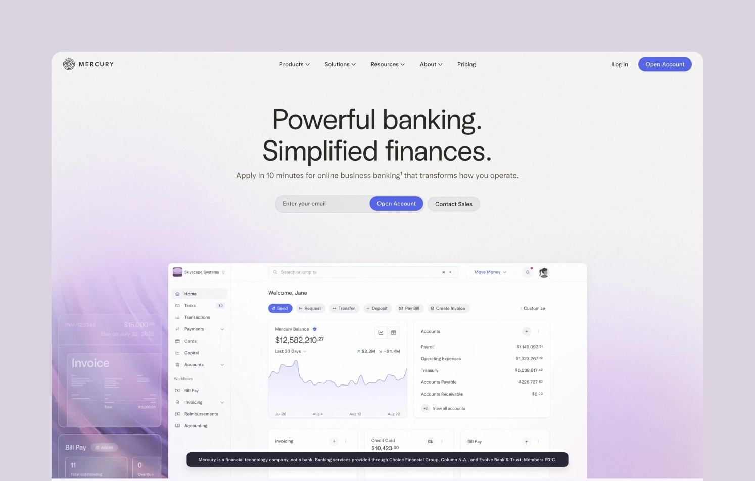 Website interface for 'Mercury' A clean website interface for 'Mercury' online banking, featuring the headline 'Powerful banking. Simplified finances.' Below, an example dashboard shows an account balance