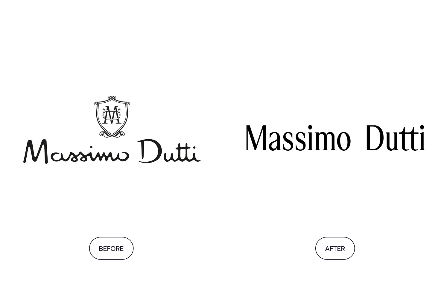 Massimo Dutti logo before and after redesign — old version with ornate script and crest, new version with clean serif font.