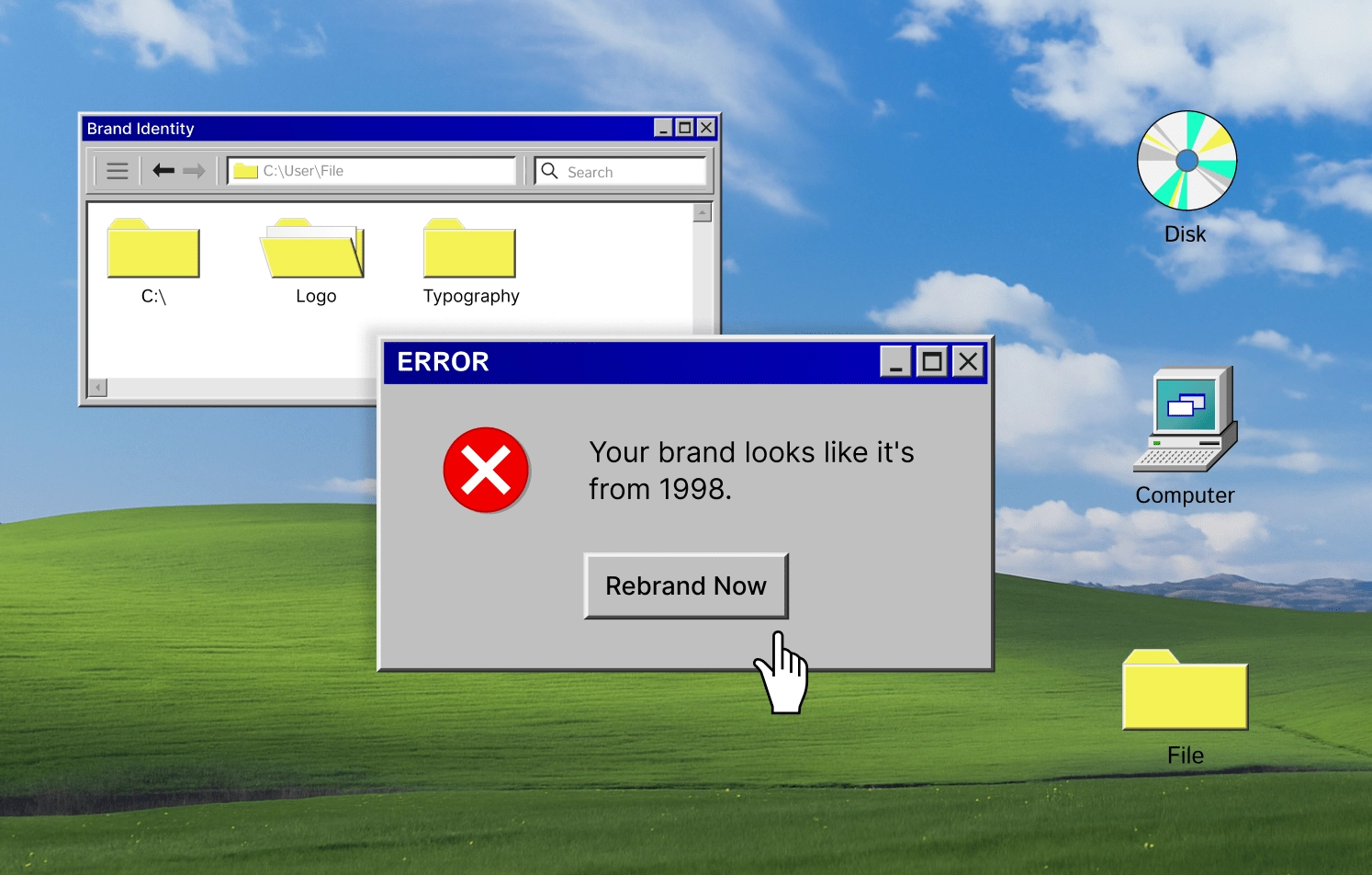 Outdated Brand Design Error Message in Retro Windows Interface Retro Windows pop-up says “Your brand looks like it’s from 1998” with a “Rebrand Now” button