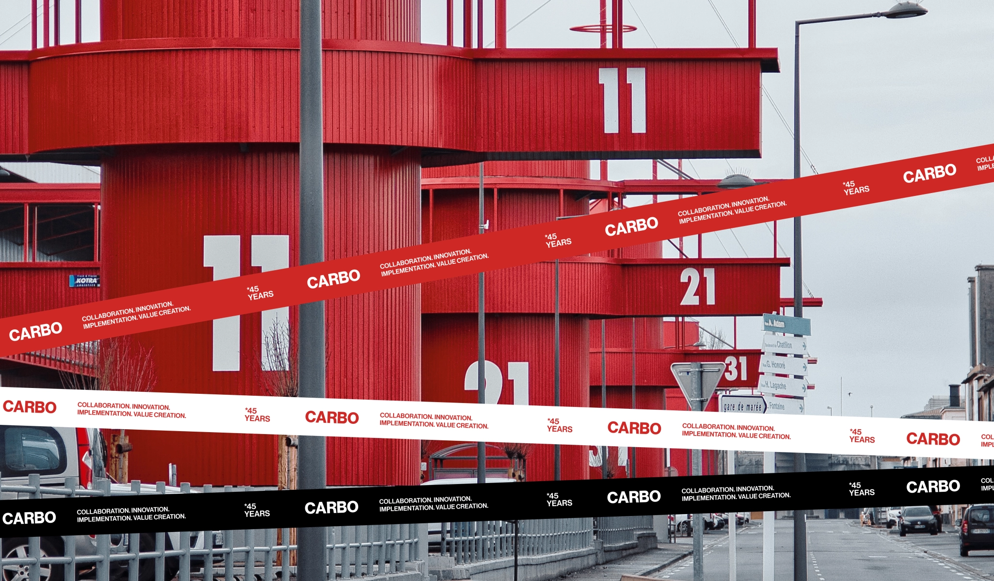 Red numbered industrial buildings