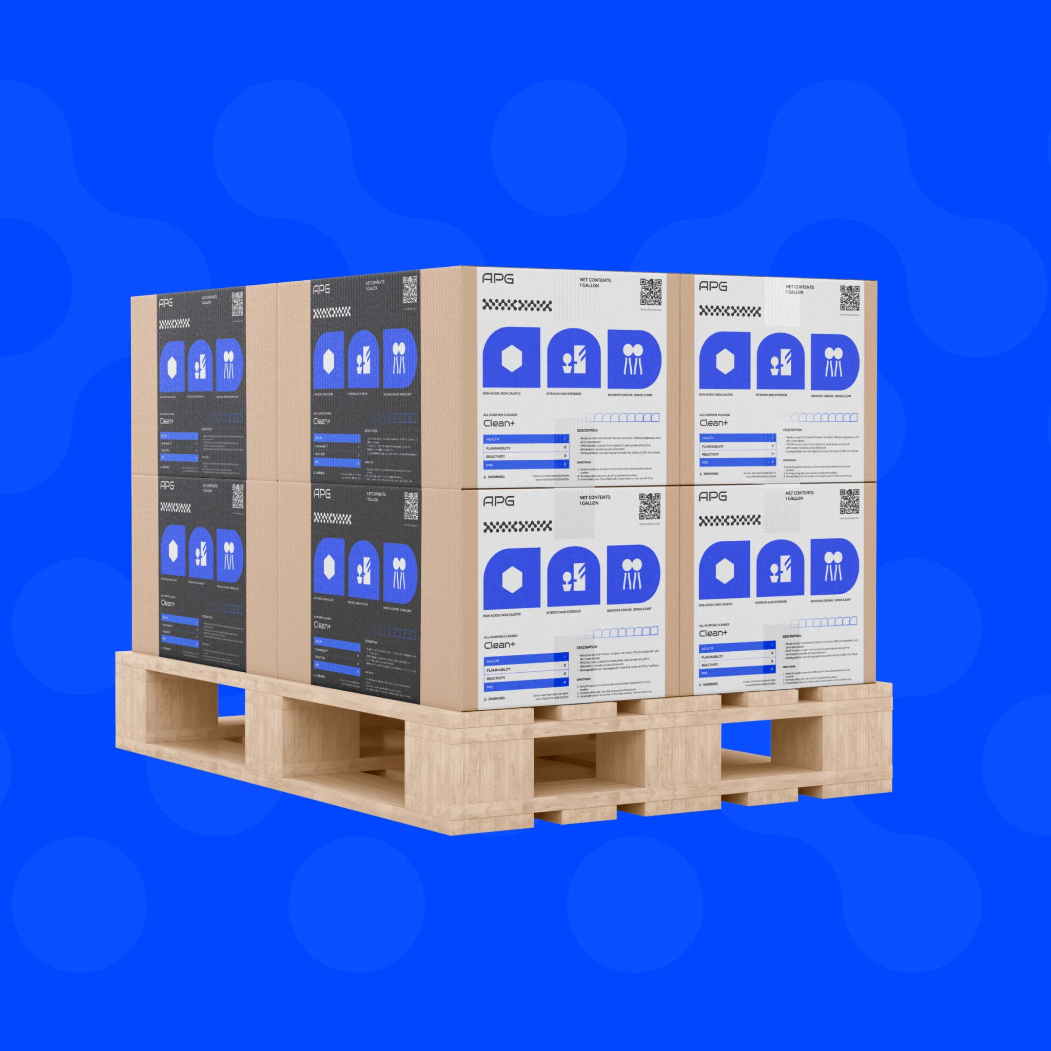 Pallet stacked with APG Clean+ product boxes