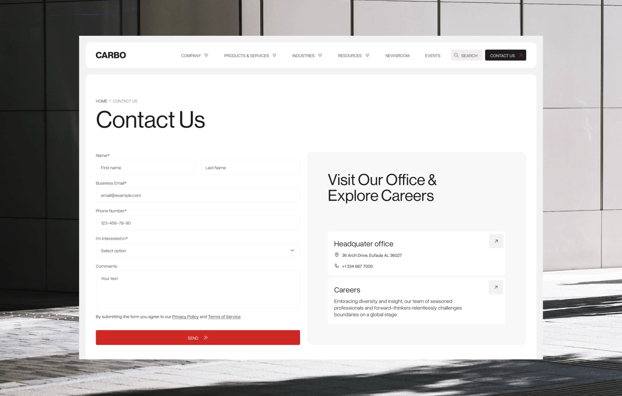 Contact us webpage on Corporate Website