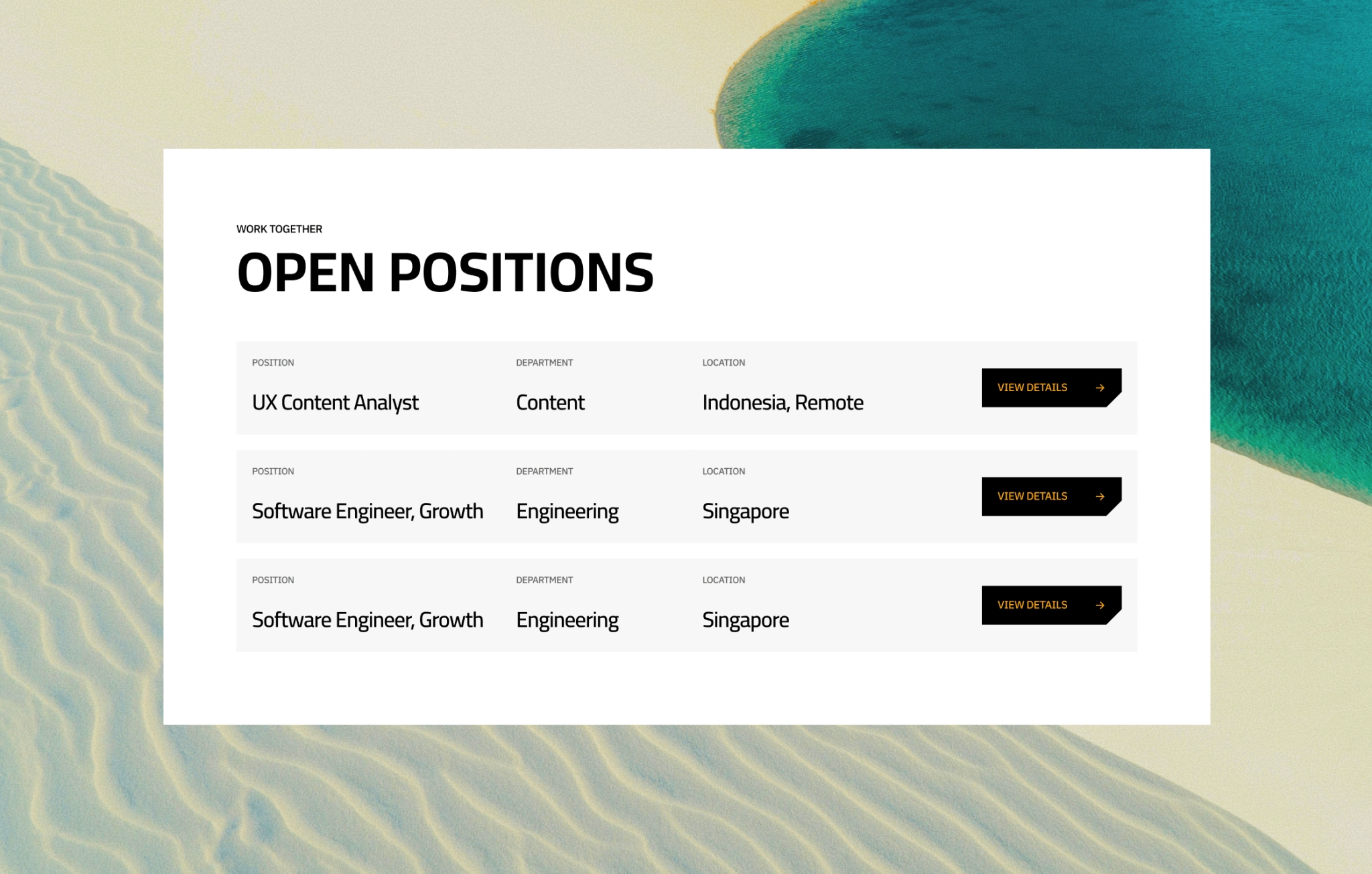 Careers Open Positions Page Job listings with roles, departments, and locations