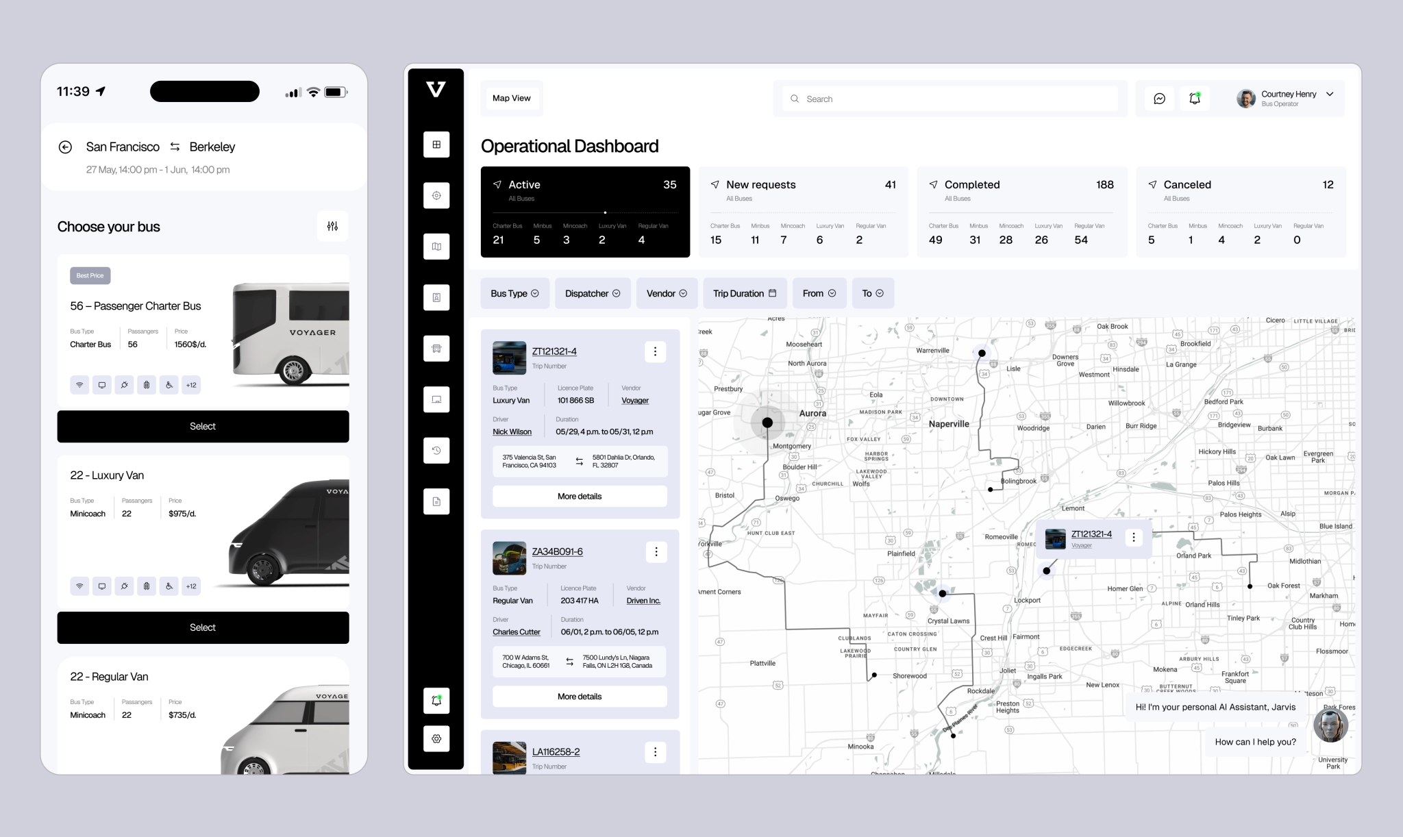 Voyager operational interface Voyager bus booking dashboard