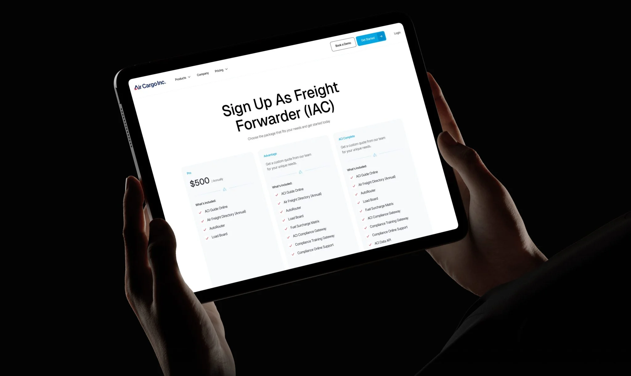 Freight signup interface Logistics pricing page on tablet