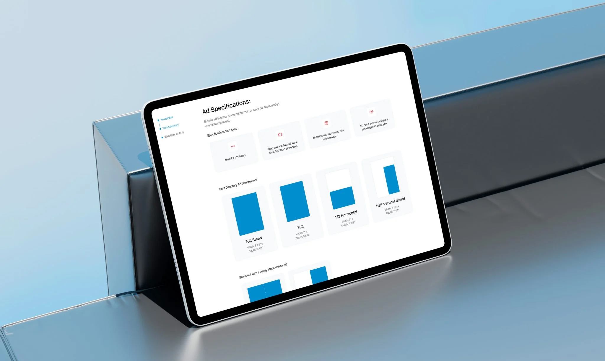 Ad specifications dashboard Tablet displaying ad specifications interface