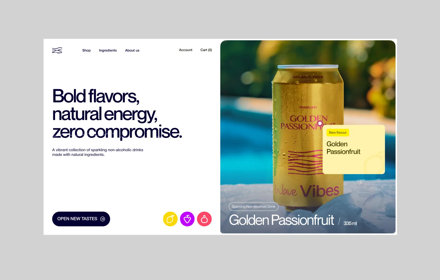 E-commerce landing page design for sparkling non-alcoholic drink brand featuring product packaging, bold typography, natural ingredients positioning, and modern UI