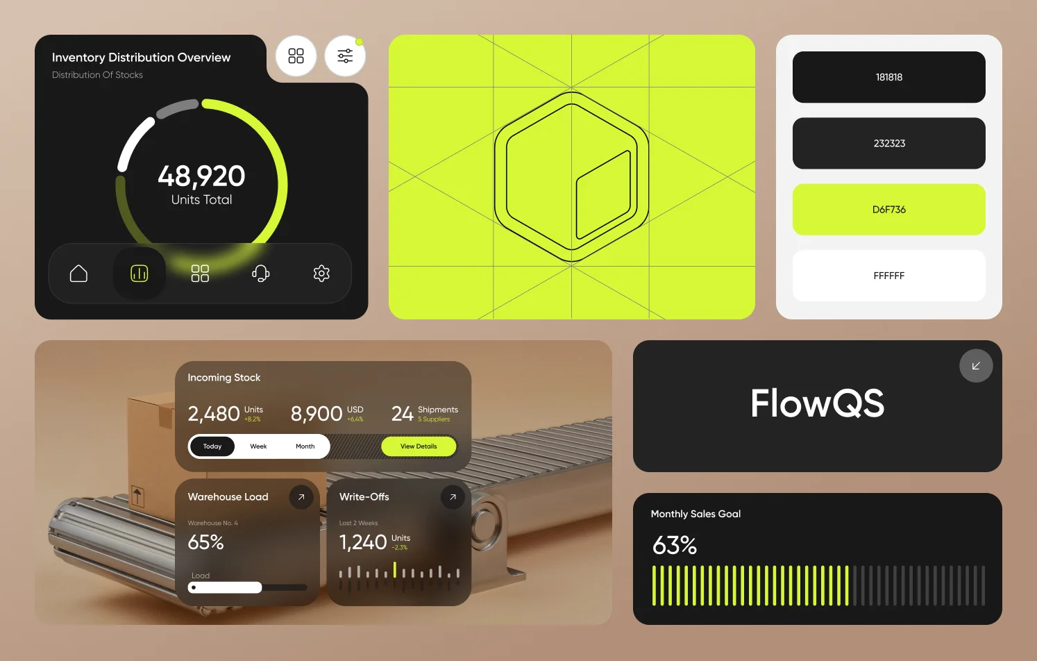 Logistics and inventory branding design with analytics charts, warehouse performance metrics, 3D visuals, branding system, and modern dark UI interface