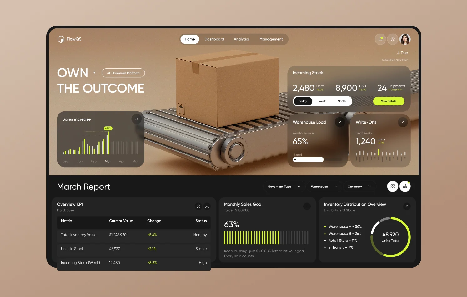 Inventory and warehouse management dashboard design with analytics charts, stock metrics, KPI tracking, and 3D conveyor visualization in modern UI