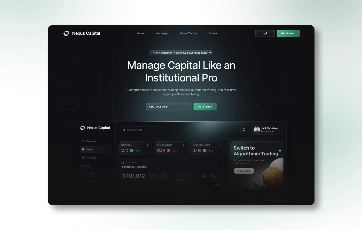 Cryptocurrency trading platform website design with portfolio analytics dashboard, capital management tools, automated trading features, and modern dark interface